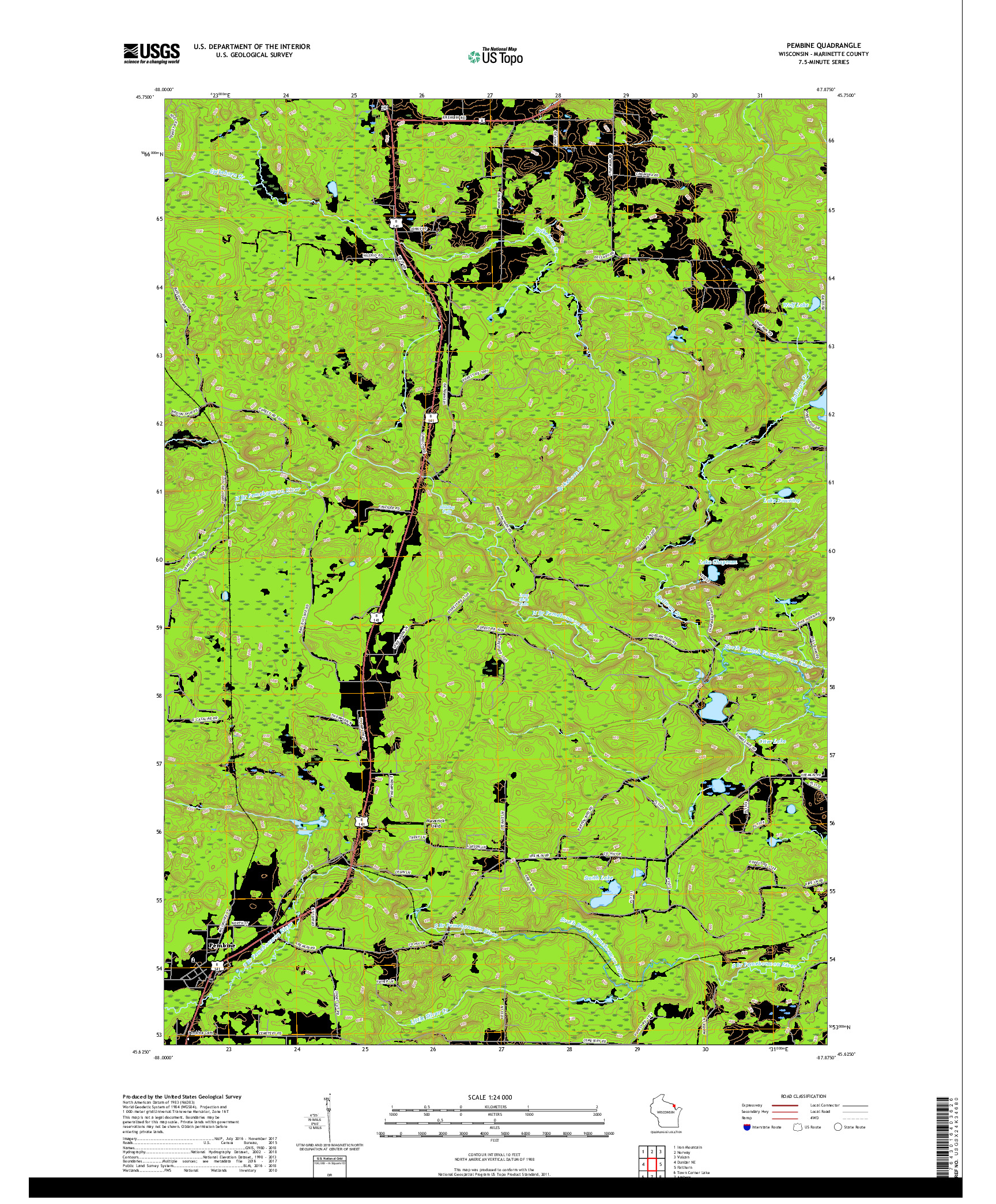USGS US TOPO 7.5-MINUTE MAP FOR PEMBINE, WI 2018