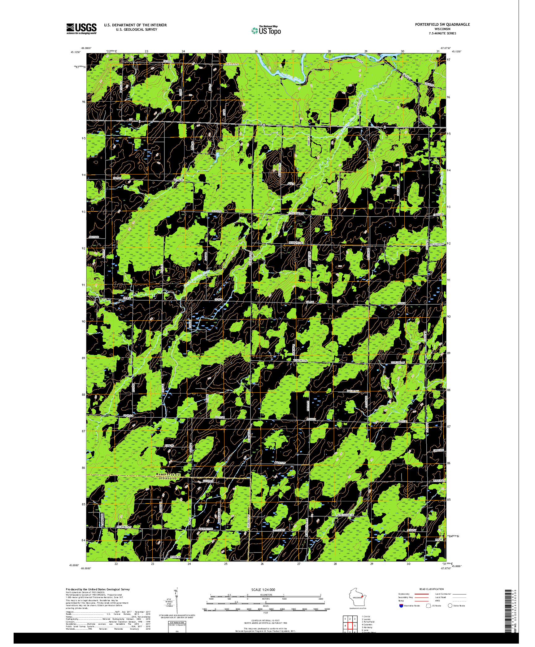 USGS US TOPO 7.5-MINUTE MAP FOR PORTERFIELD SW, WI 2018