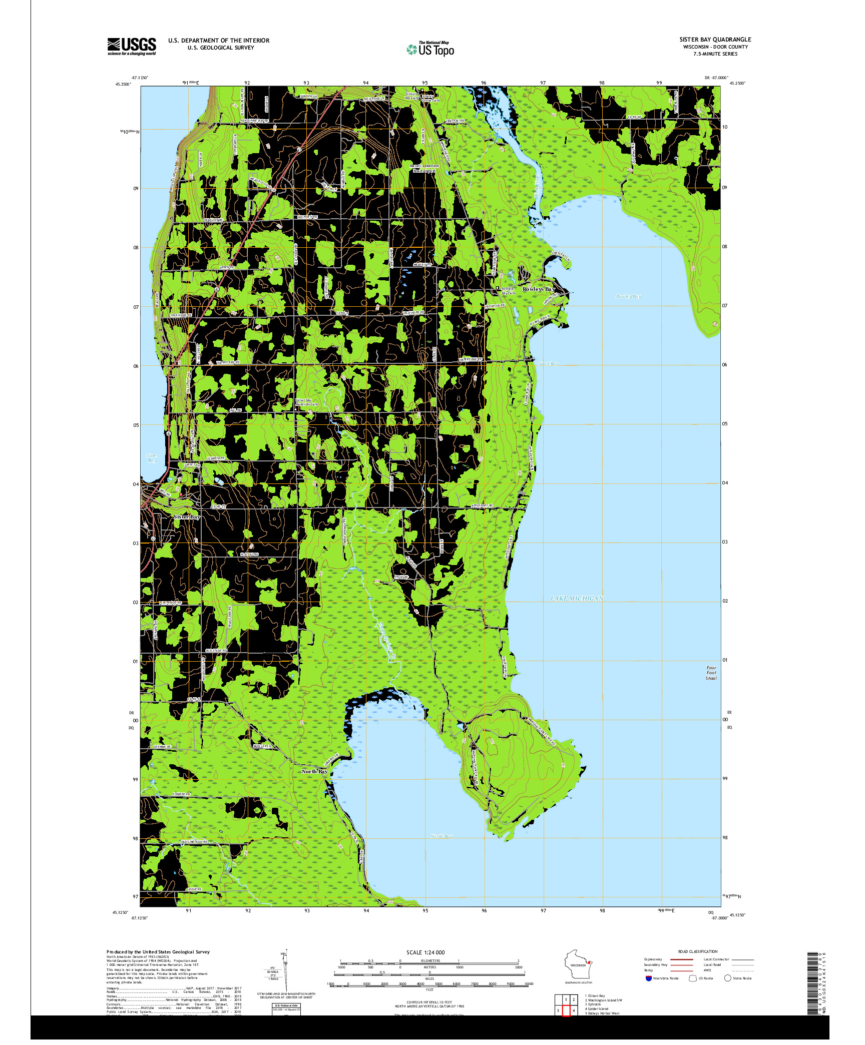 USGS US TOPO 7.5-MINUTE MAP FOR SISTER BAY, WI 2018