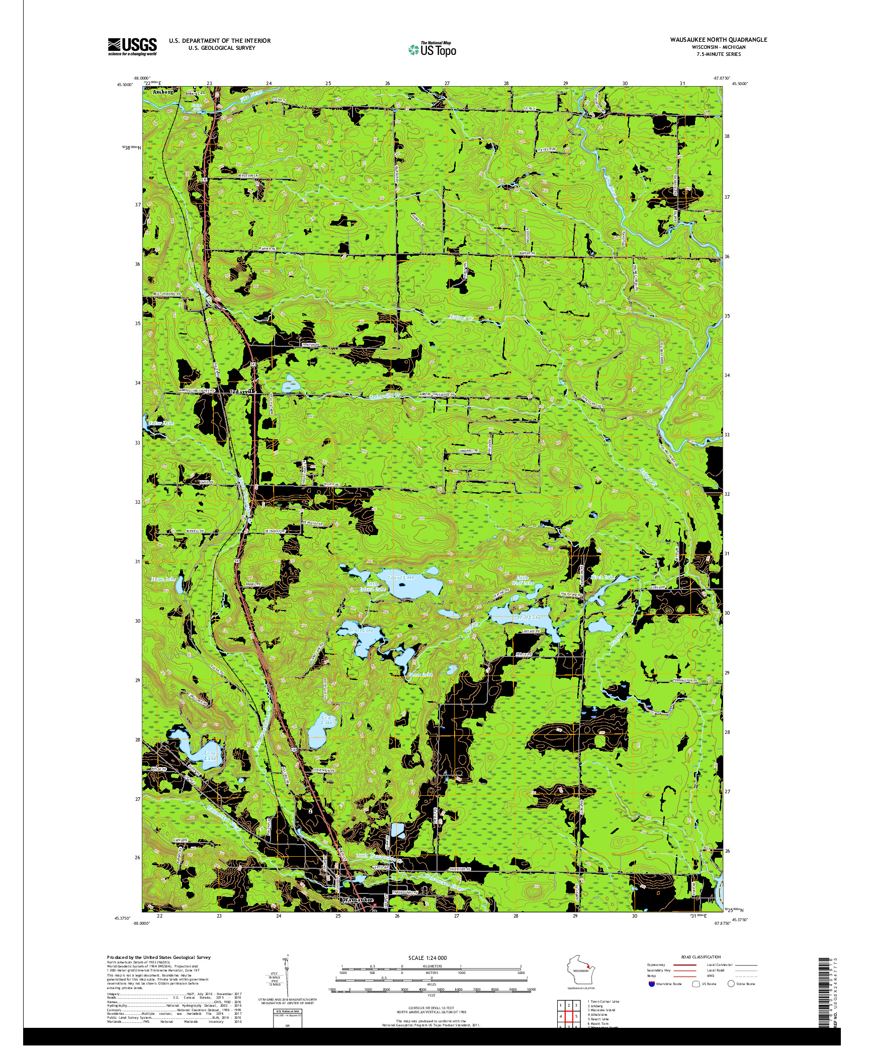 USGS US TOPO 7.5-MINUTE MAP FOR WAUSAUKEE NORTH, WI,MI 2018