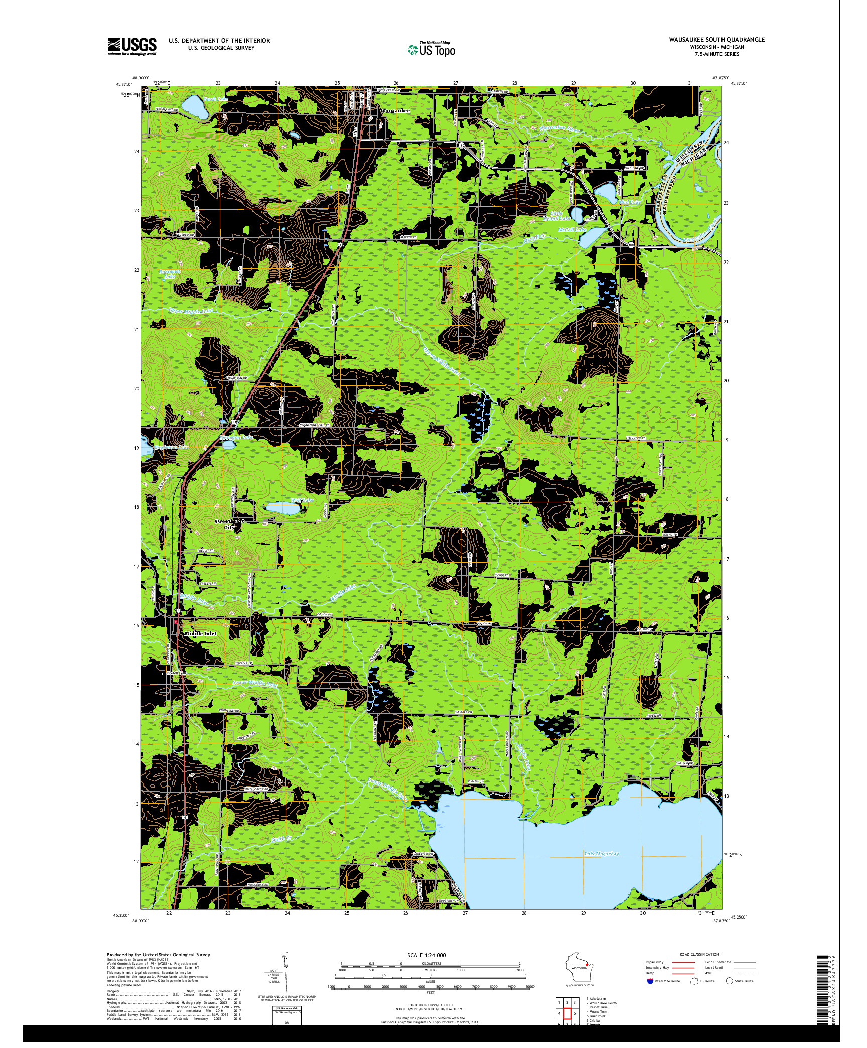 USGS US TOPO 7.5-MINUTE MAP FOR WAUSAUKEE SOUTH, WI,MI 2018