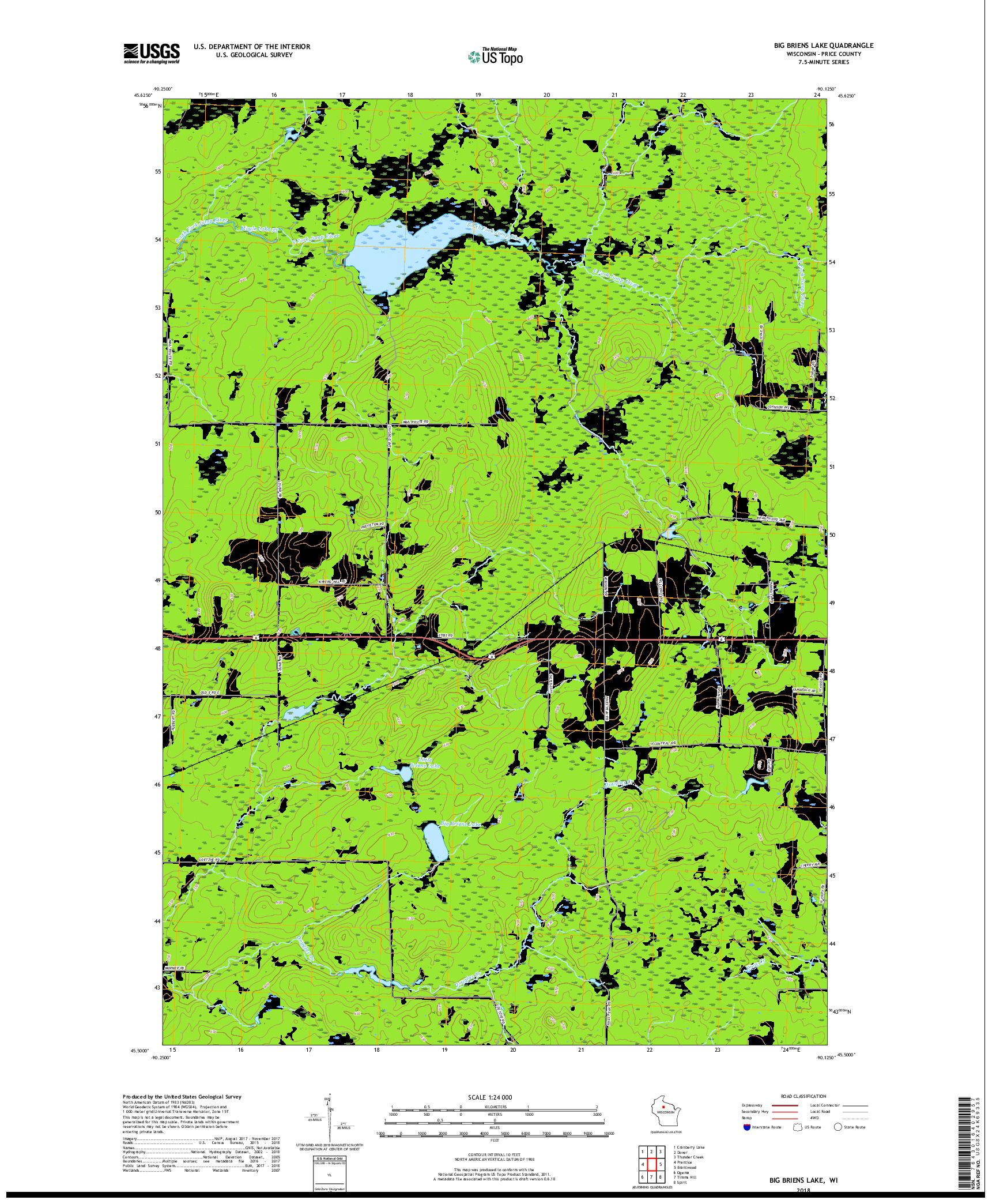 USGS US TOPO 7.5-MINUTE MAP FOR BIG BRIENS LAKE, WI 2018