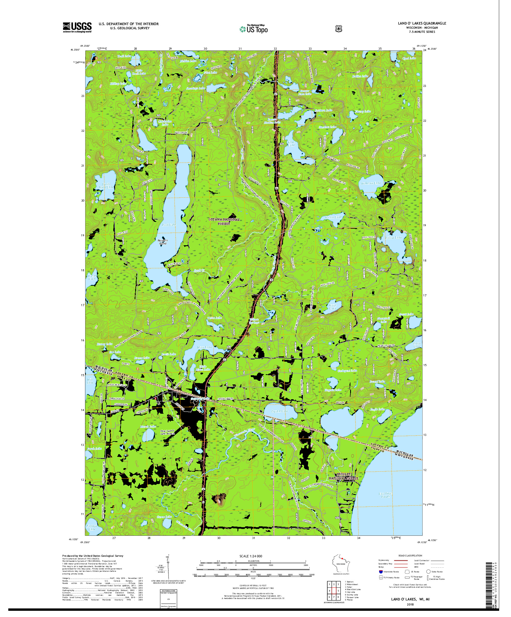 USGS US TOPO 7.5-MINUTE MAP FOR LAND O' LAKES, WI,MI 2018