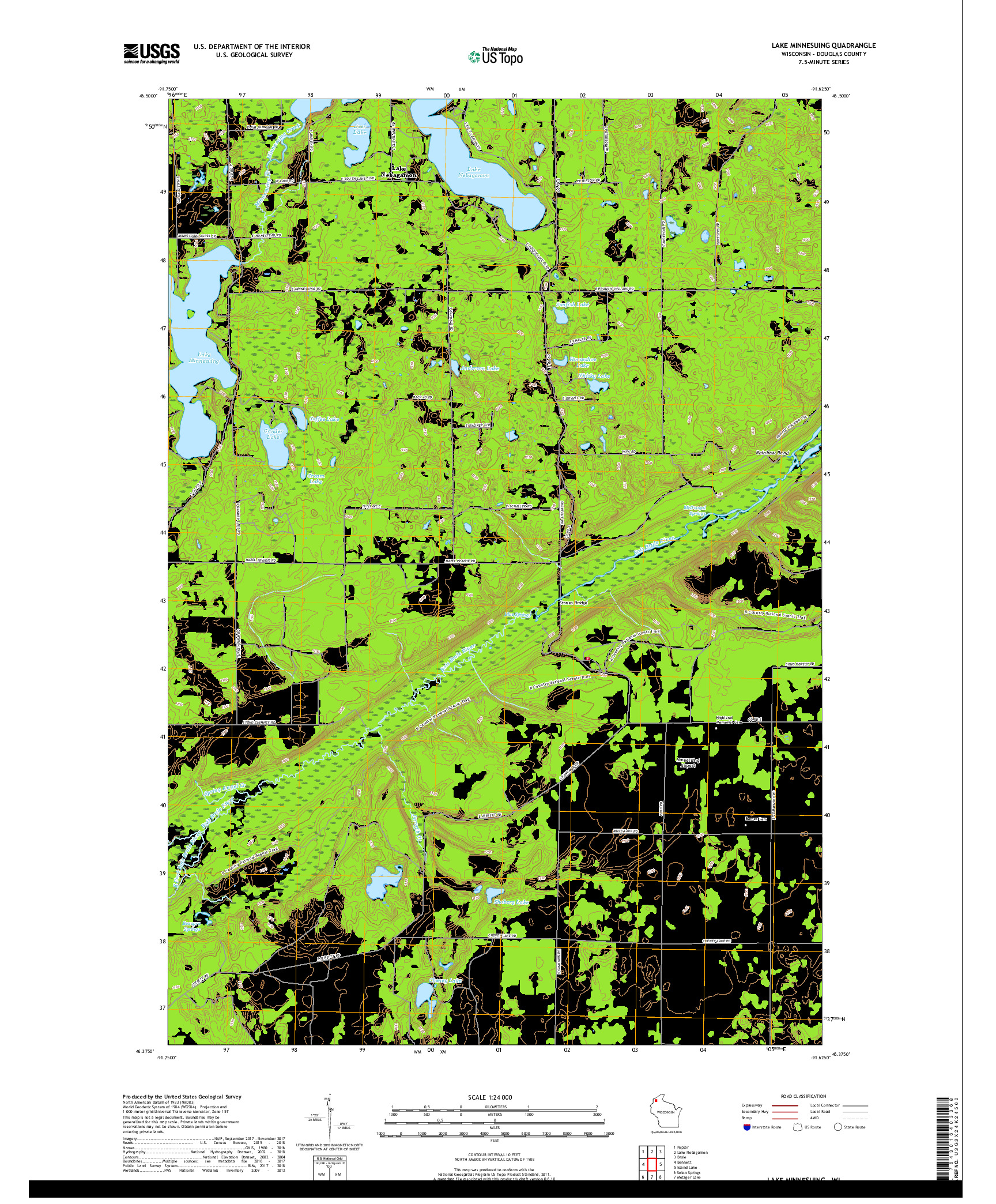 USGS US TOPO 7.5-MINUTE MAP FOR LAKE MINNESUING, WI 2018