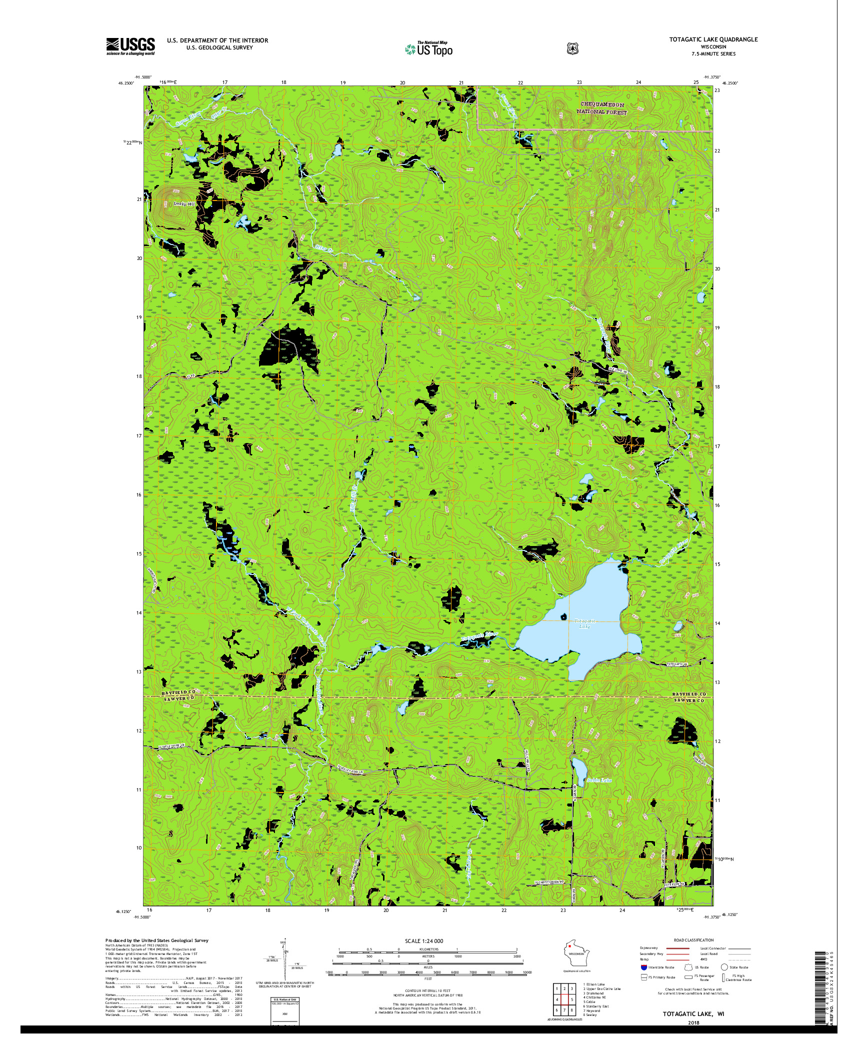 USGS US TOPO 7.5-MINUTE MAP FOR TOTAGATIC LAKE, WI 2018
