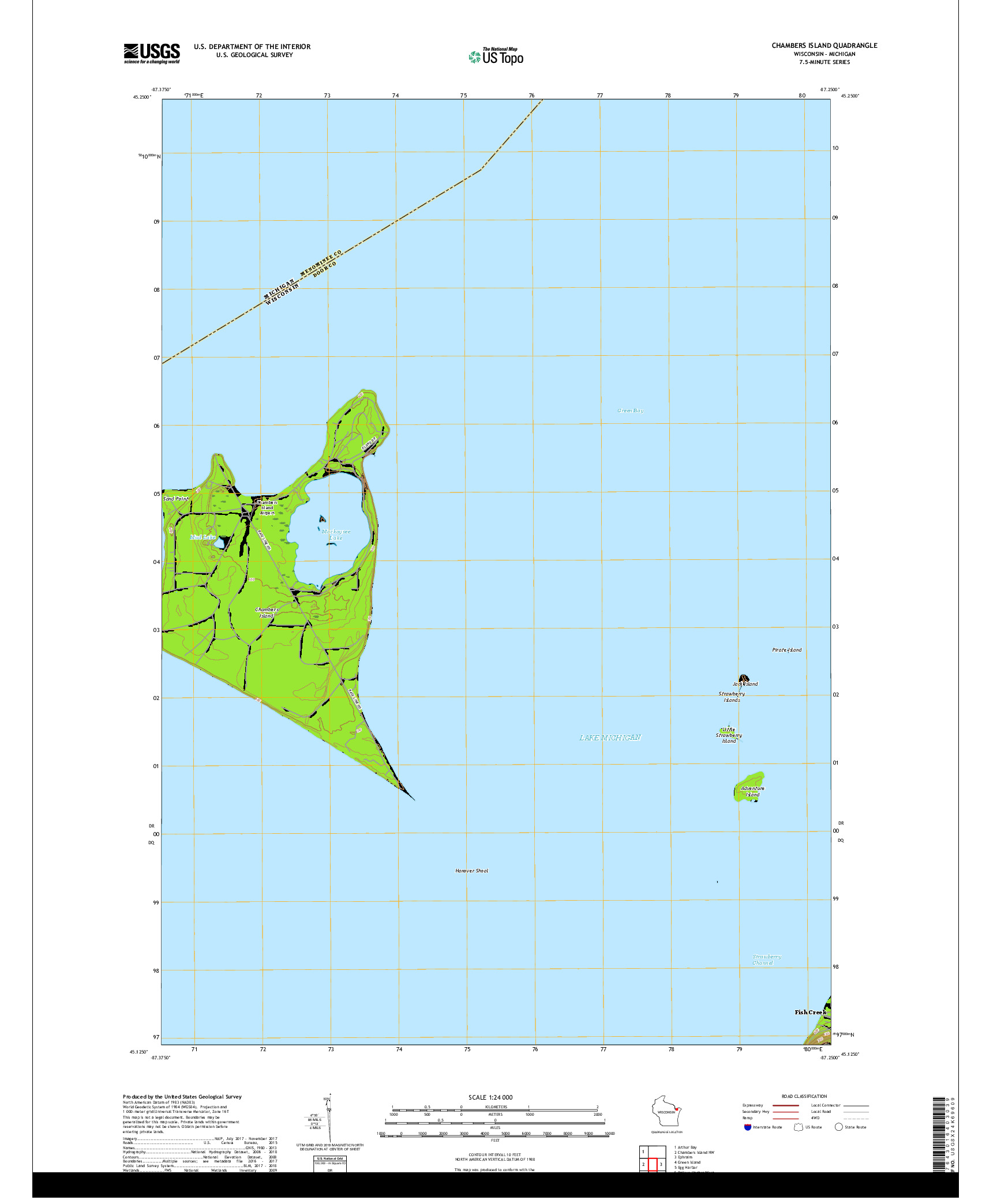 USGS US TOPO 7.5-MINUTE MAP FOR CHAMBERS ISLAND, WI,MI 2018