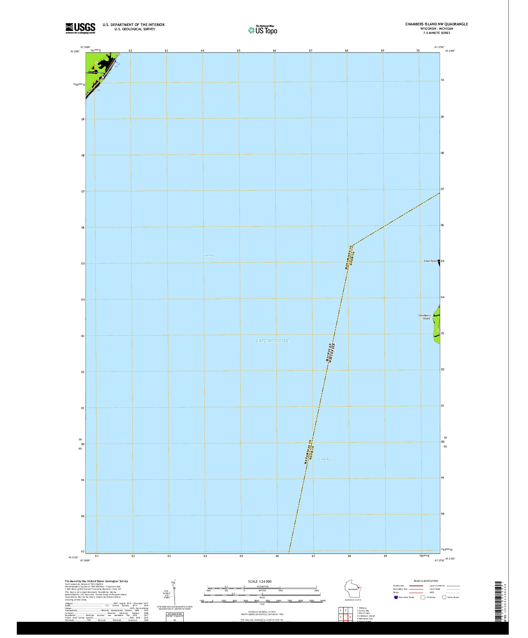 USGS US TOPO 7.5-MINUTE MAP FOR CHAMBERS ISLAND NW, WI,MI 2018