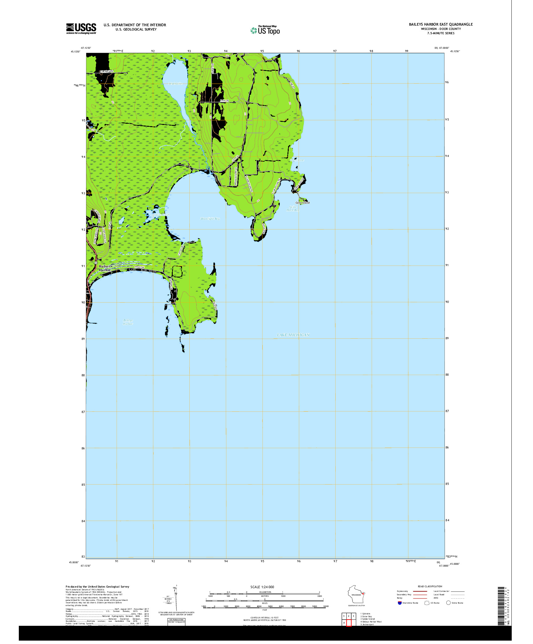 USGS US TOPO 7.5-MINUTE MAP FOR BAILEYS HARBOR EAST, WI 2018