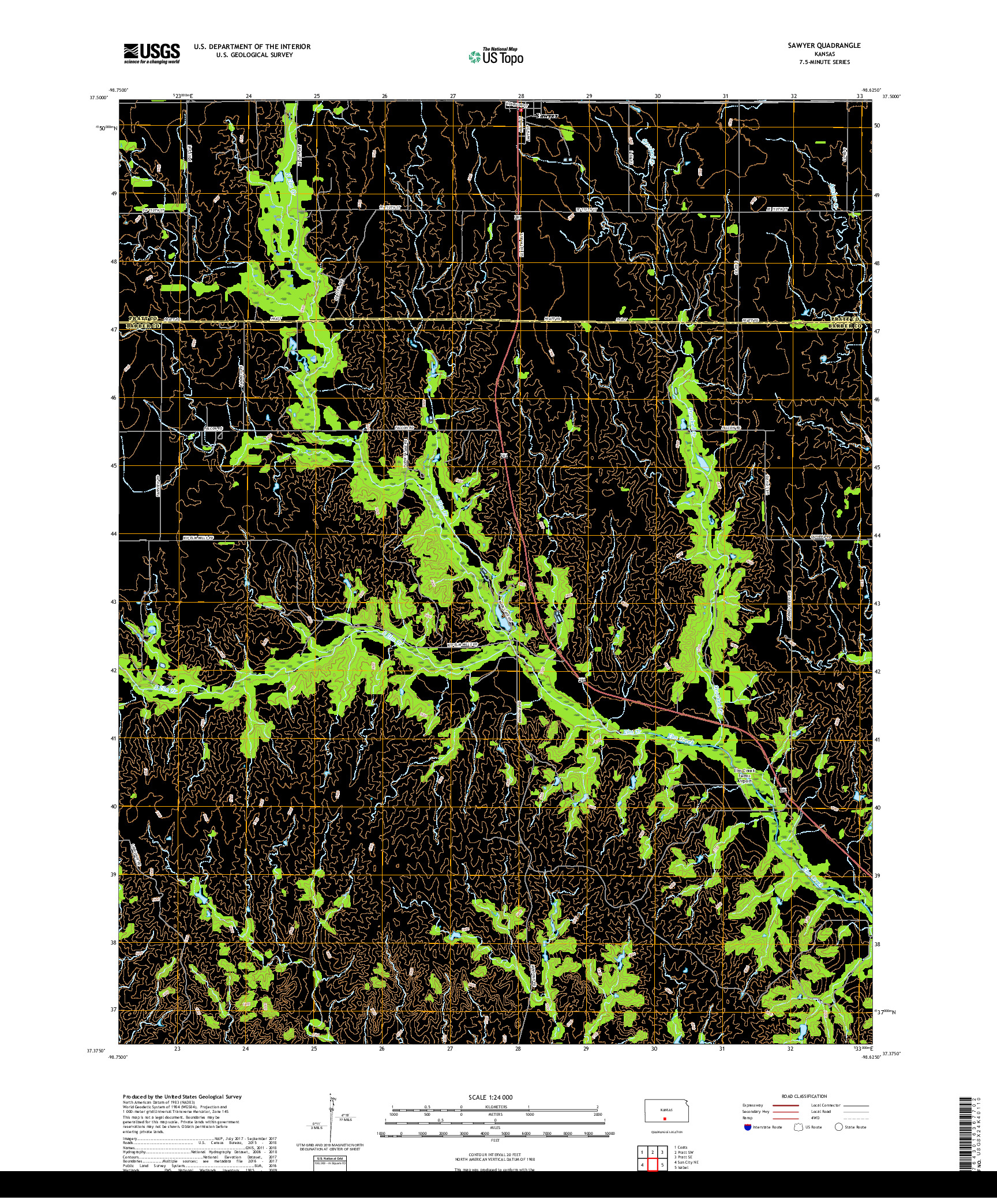 USGS US TOPO 7.5-MINUTE MAP FOR SAWYER, KS 2018