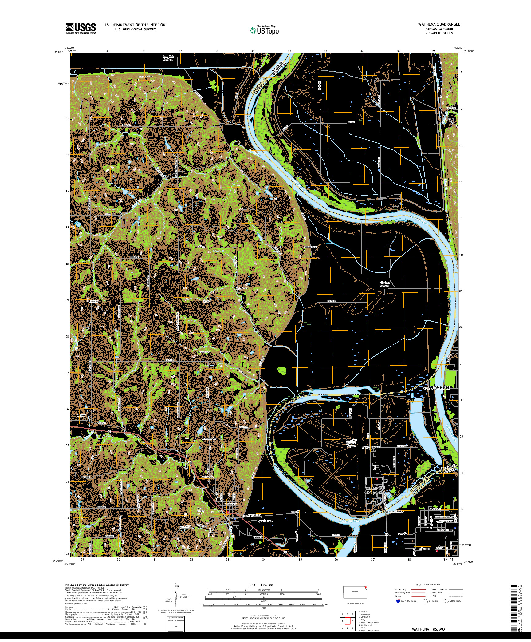 USGS US TOPO 7.5-MINUTE MAP FOR WATHENA, KS,MO 2018