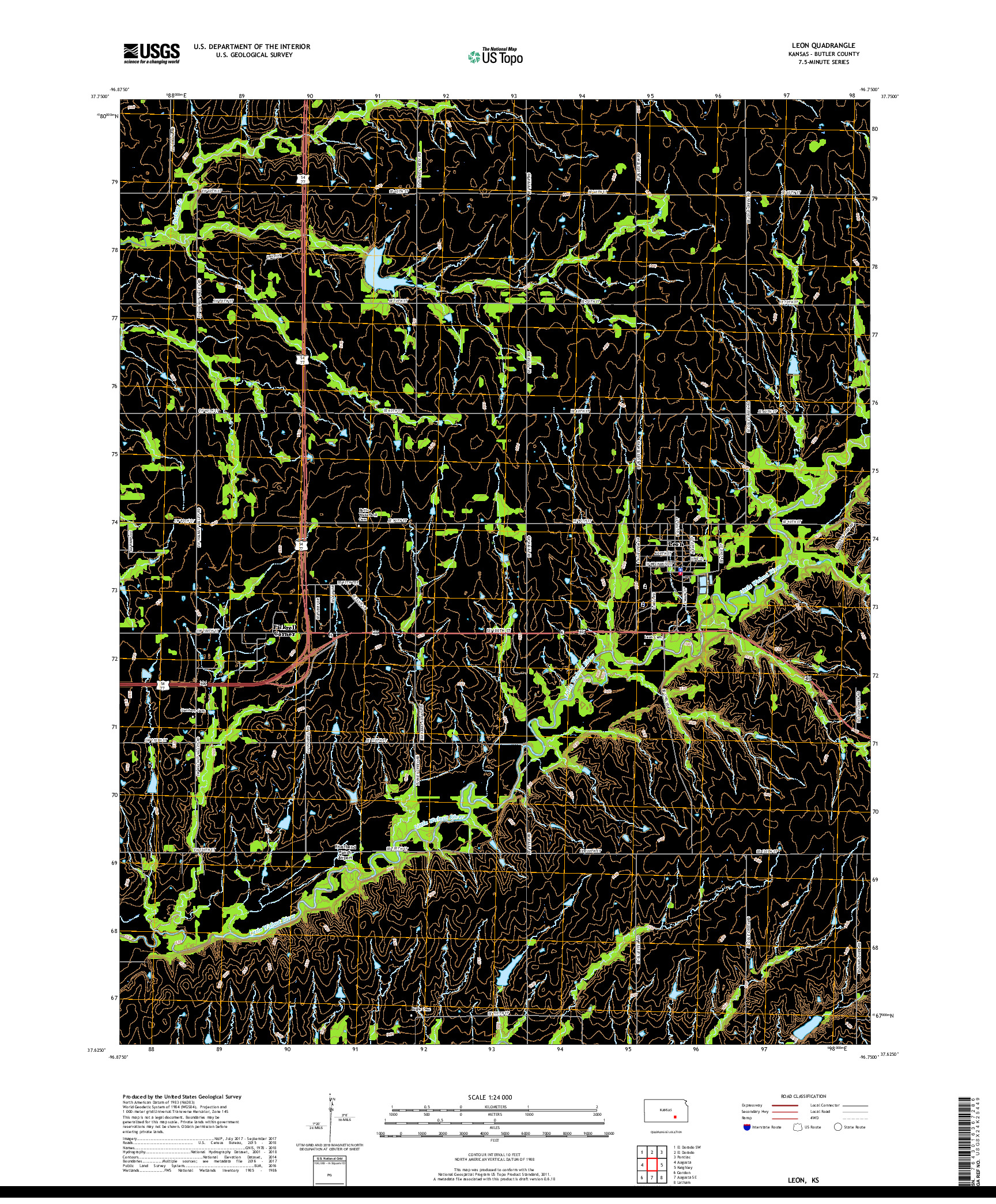 USGS US TOPO 7.5-MINUTE MAP FOR LEON, KS 2018