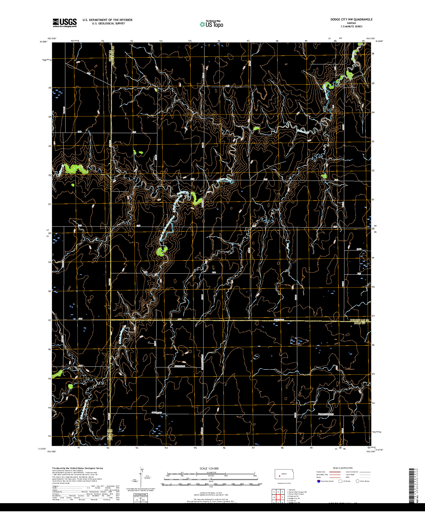 USGS US TOPO 7.5-MINUTE MAP FOR DODGE CITY NW, KS 2018