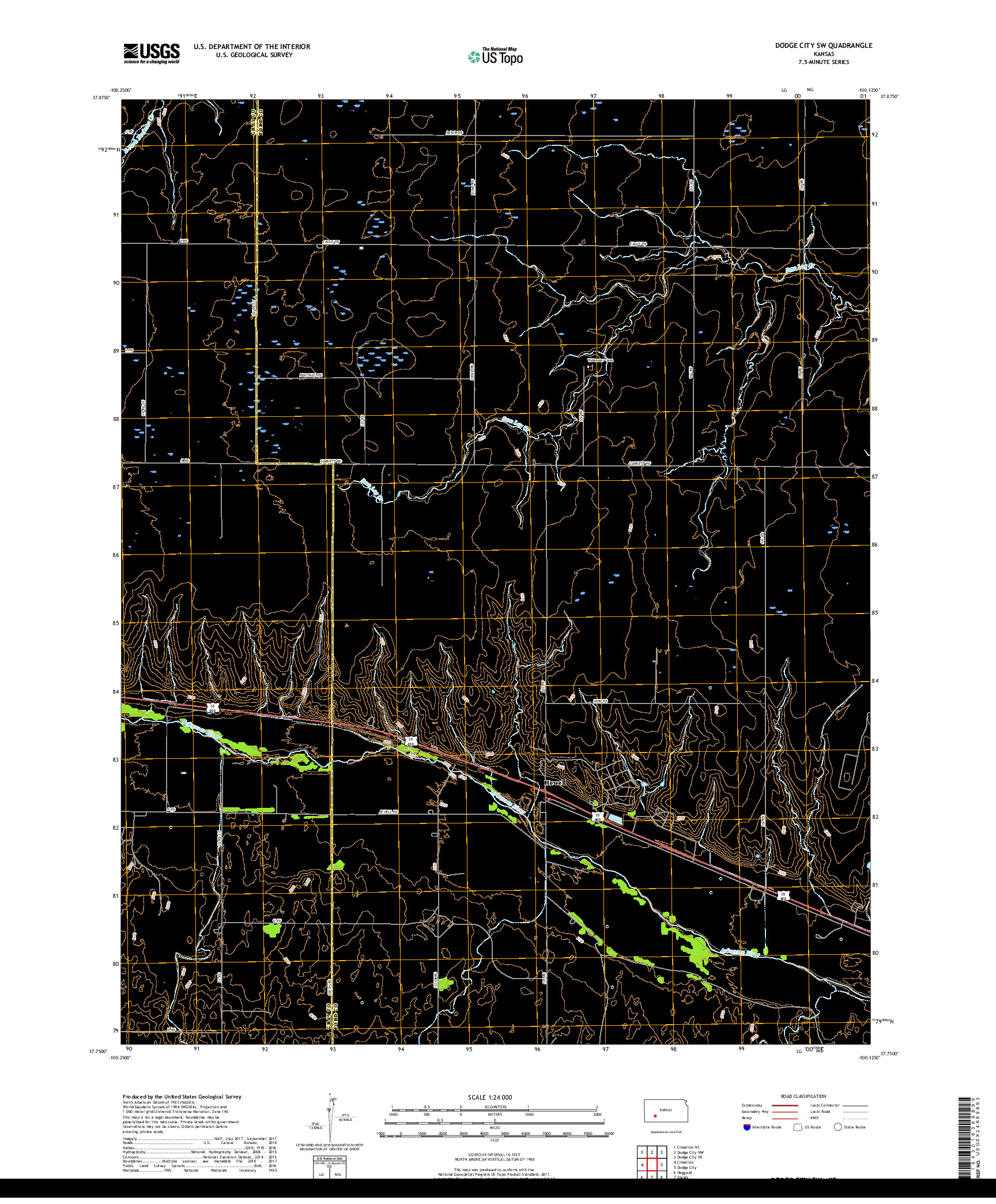 USGS US TOPO 7.5-MINUTE MAP FOR DODGE CITY SW, KS 2018