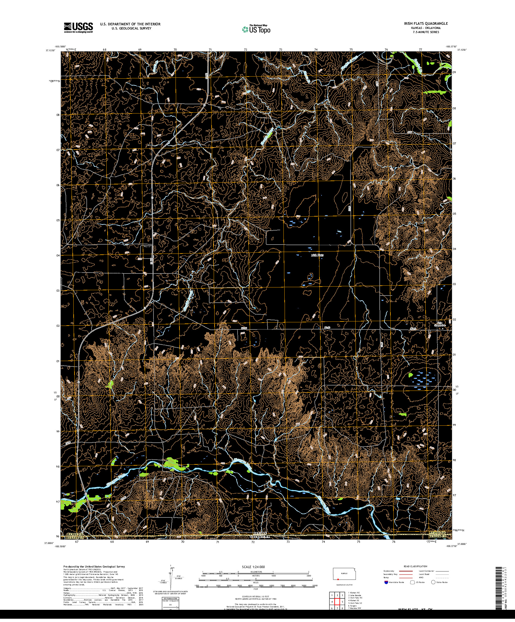 USGS US TOPO 7.5-MINUTE MAP FOR IRISH FLATS, KS,OK 2018