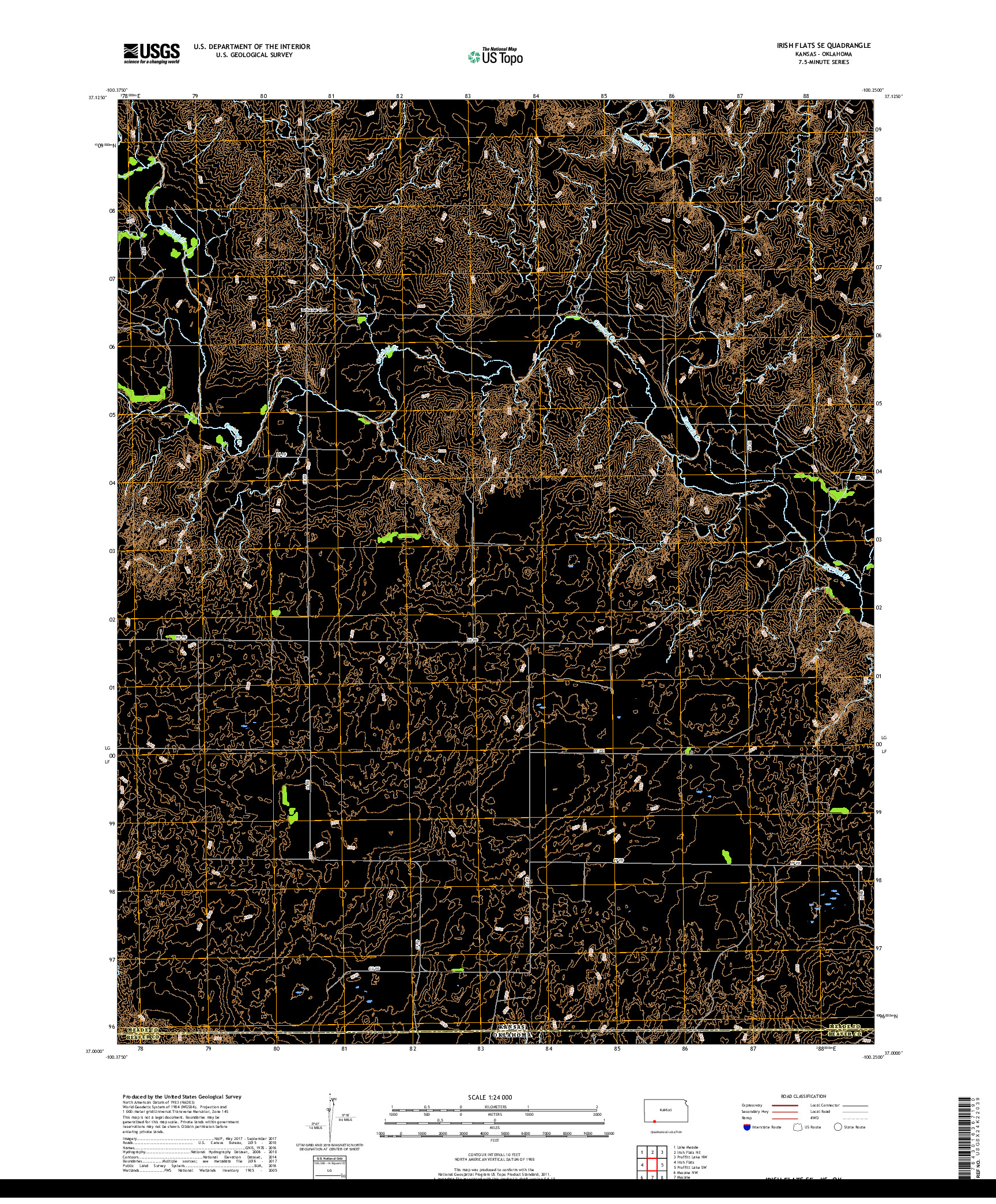 USGS US TOPO 7.5-MINUTE MAP FOR IRISH FLATS SE, KS,OK 2018