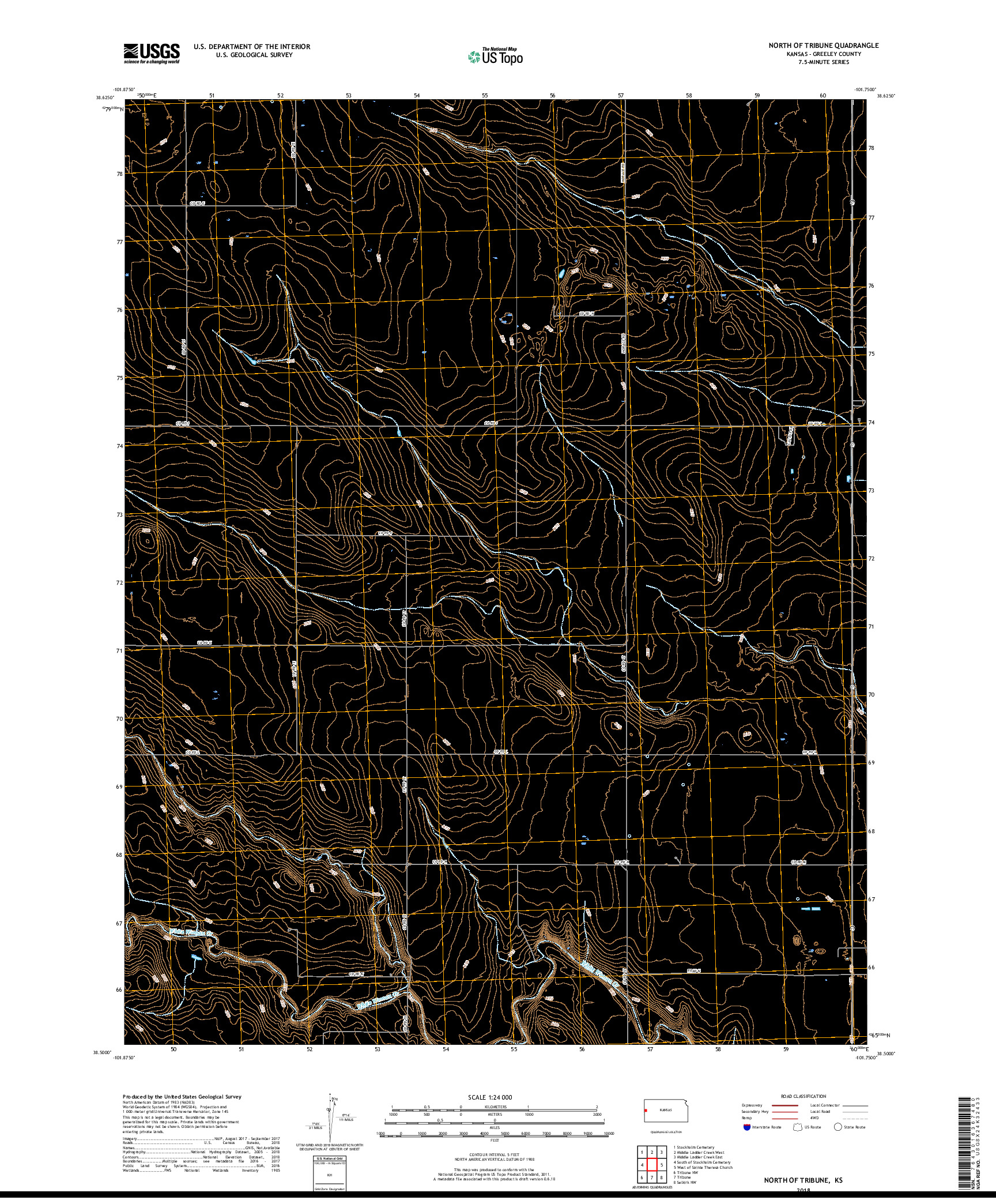USGS US TOPO 7.5-MINUTE MAP FOR NORTH OF TRIBUNE, KS 2018