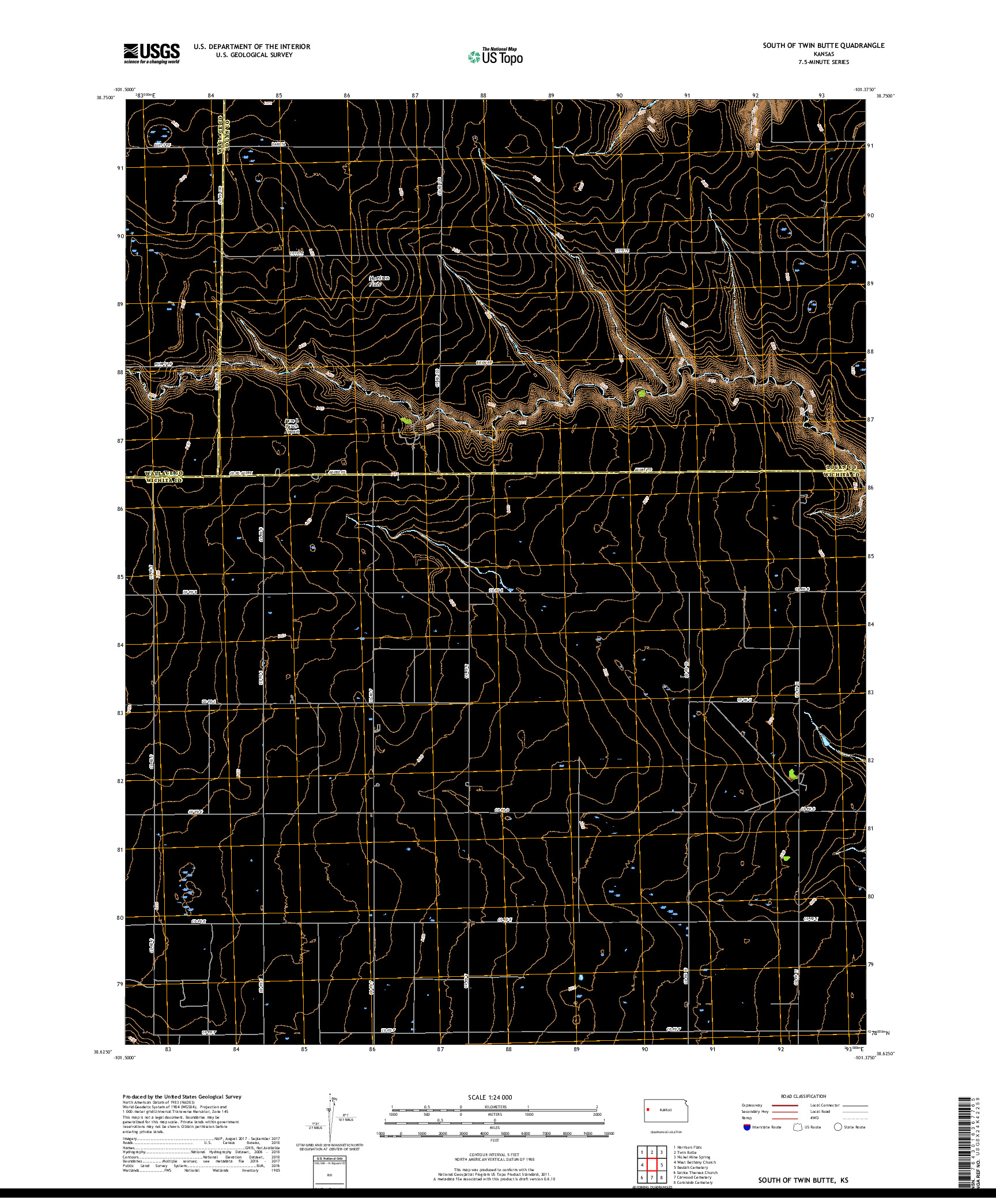 USGS US TOPO 7.5-MINUTE MAP FOR SOUTH OF TWIN BUTTE, KS 2018