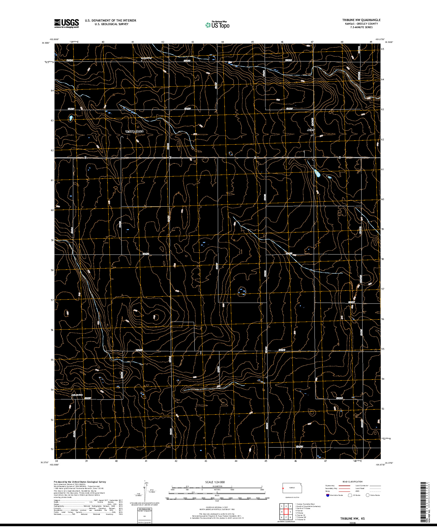 USGS US TOPO 7.5-MINUTE MAP FOR TRIBUNE NW, KS 2018
