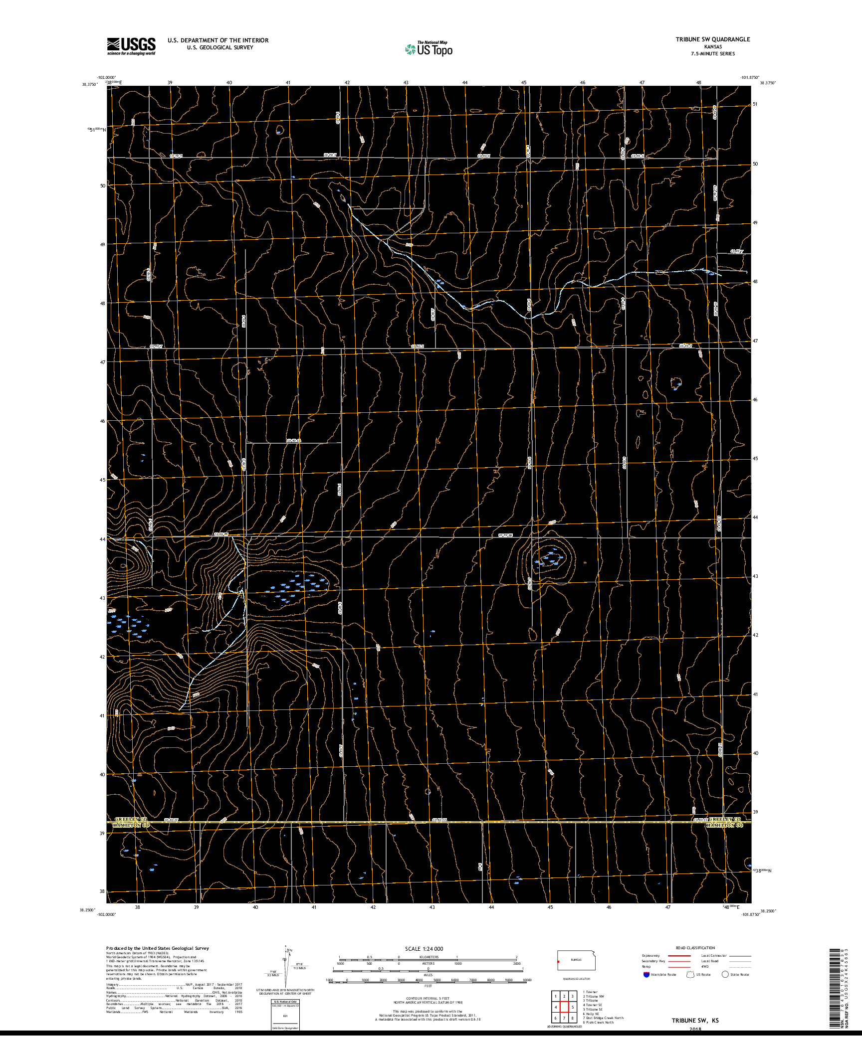 USGS US TOPO 7.5-MINUTE MAP FOR TRIBUNE SW, KS 2018