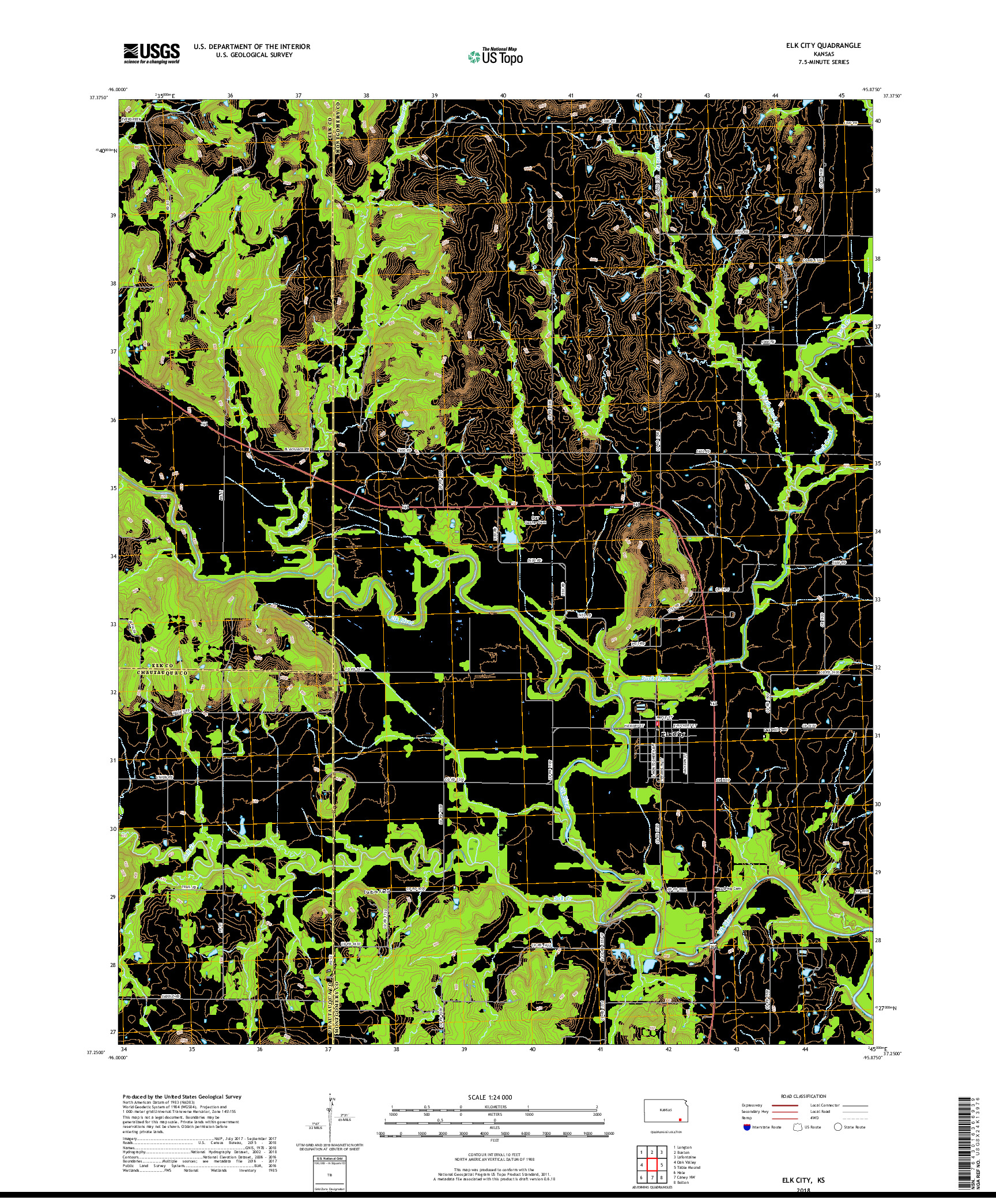 USGS US TOPO 7.5-MINUTE MAP FOR ELK CITY, KS 2018