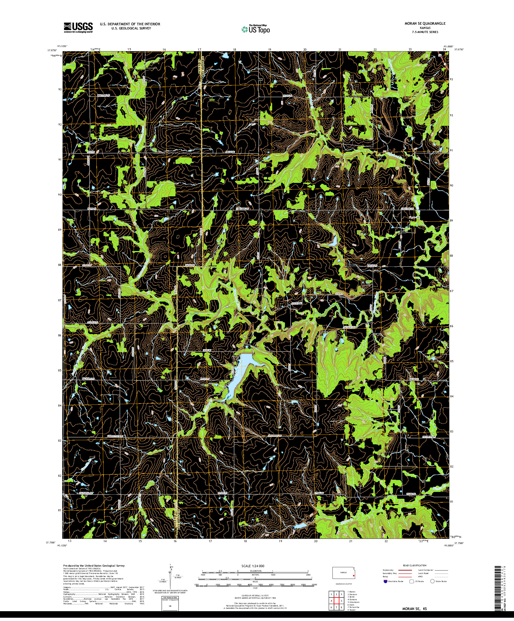 USGS US TOPO 7.5-MINUTE MAP FOR MORAN SE, KS 2018