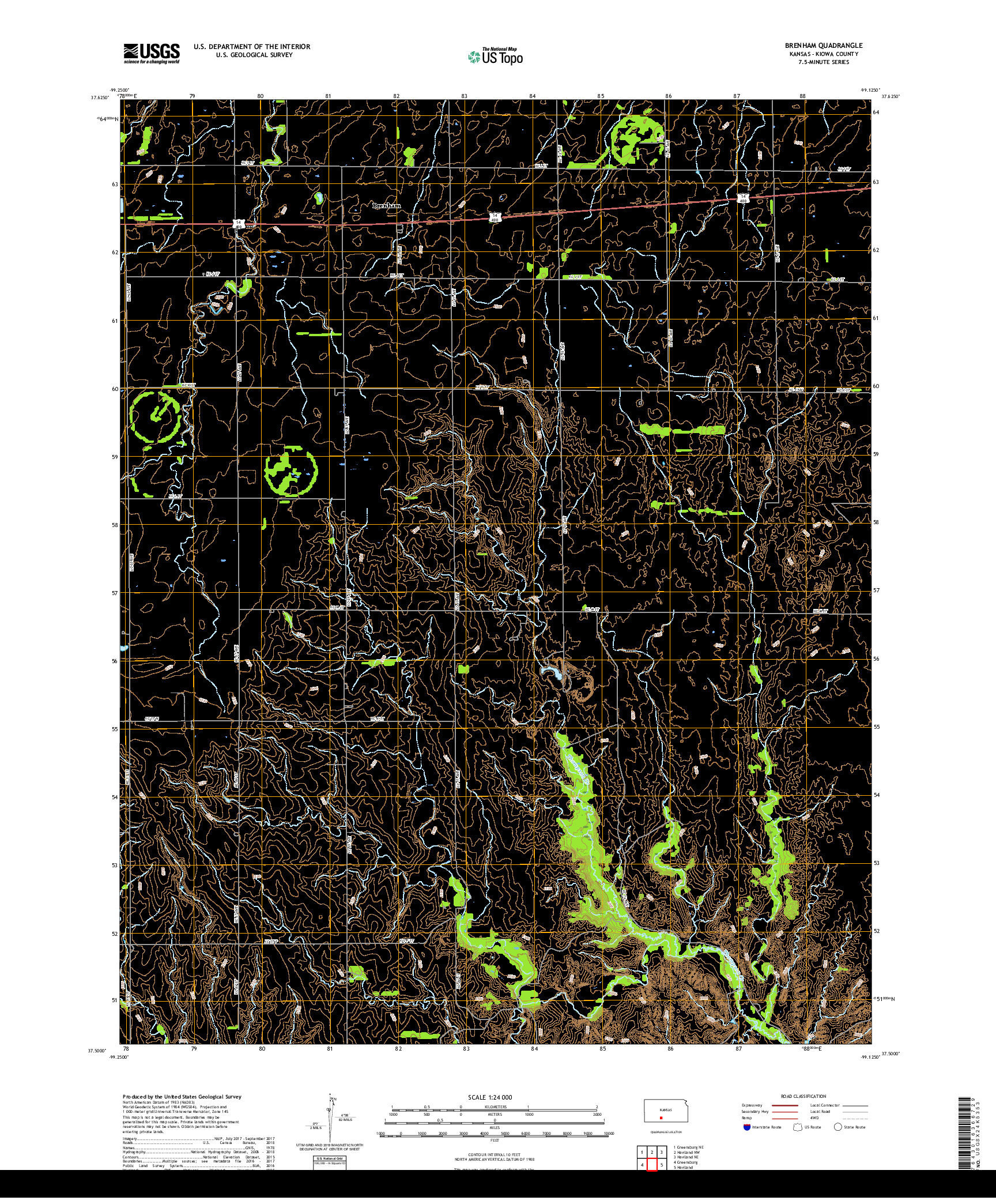 USGS US TOPO 7.5-MINUTE MAP FOR BRENHAM, KS 2018
