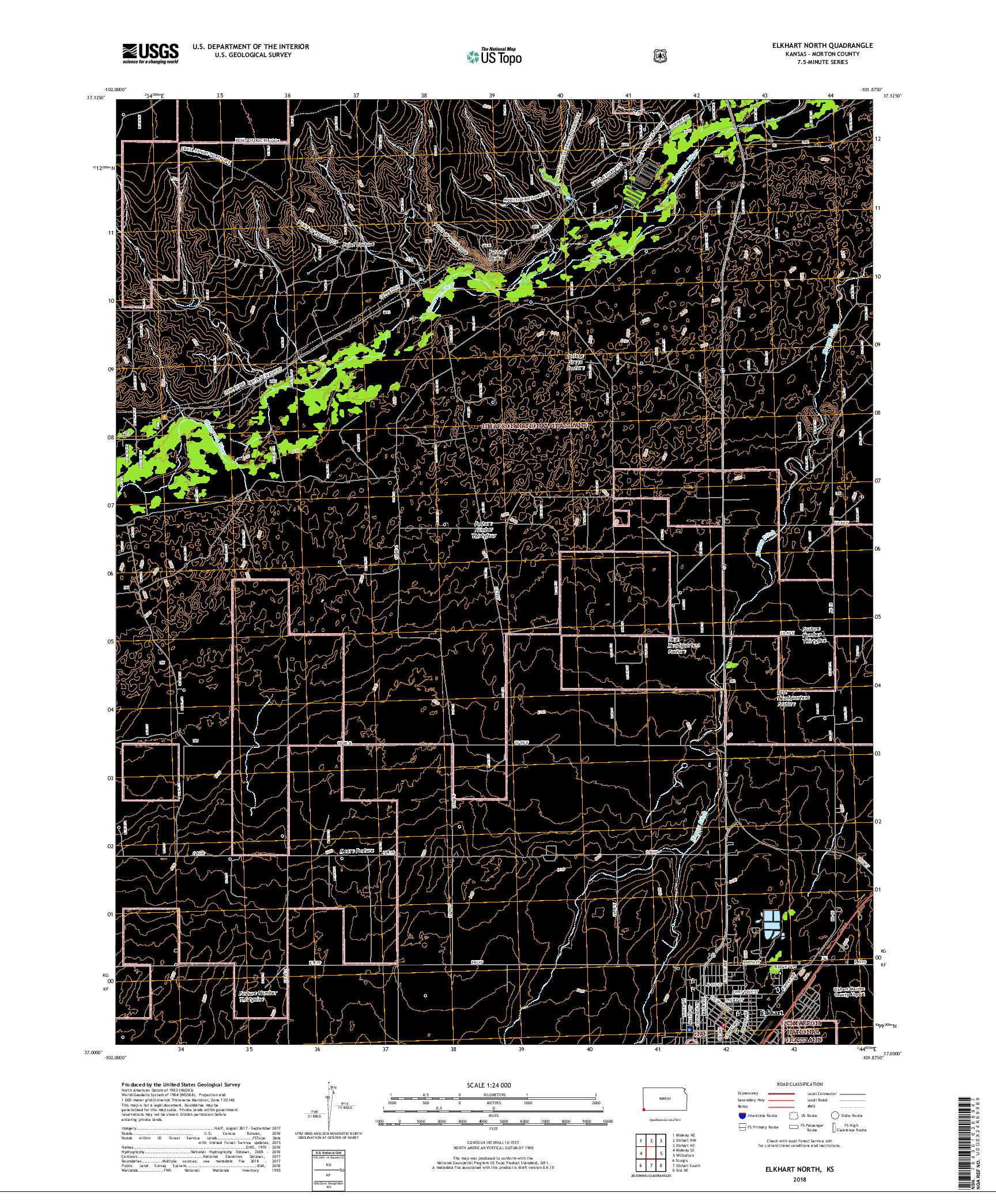 USGS US TOPO 7.5-MINUTE MAP FOR ELKHART NORTH, KS 2018