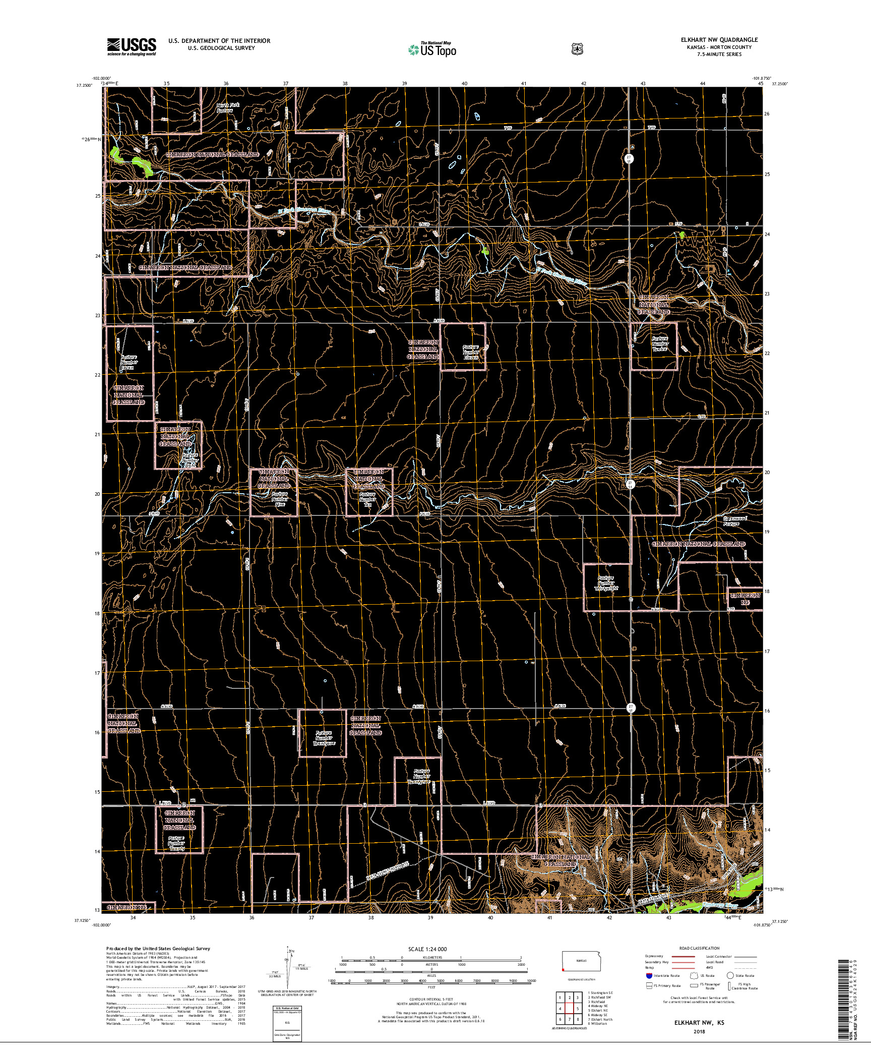 USGS US TOPO 7.5-MINUTE MAP FOR ELKHART NW, KS 2018