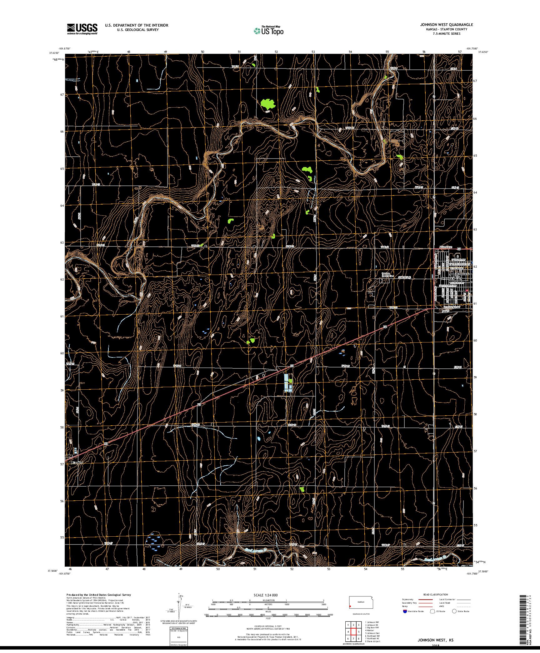 USGS US TOPO 7.5-MINUTE MAP FOR JOHNSON WEST, KS 2018