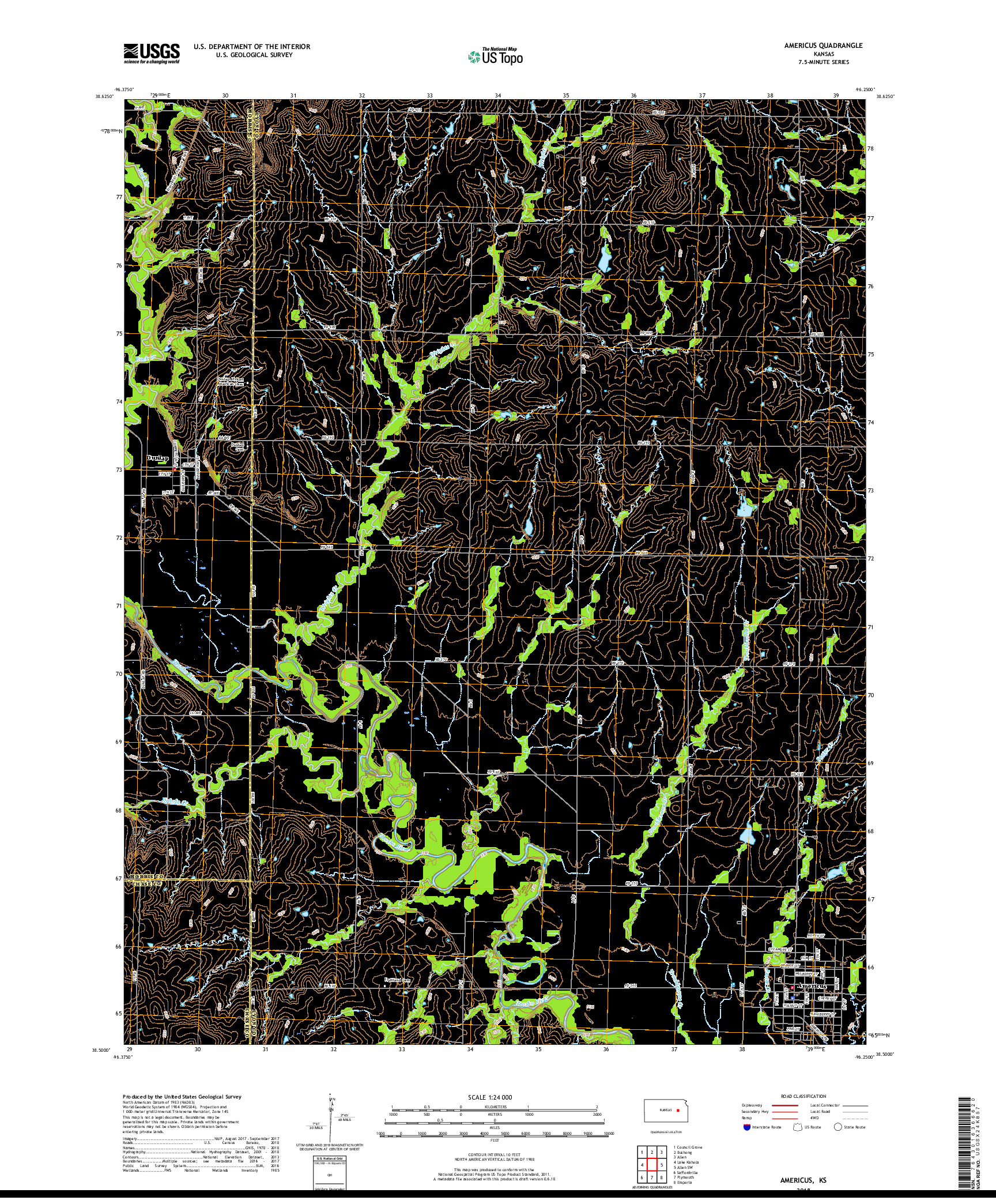 USGS US TOPO 7.5-MINUTE MAP FOR AMERICUS, KS 2018