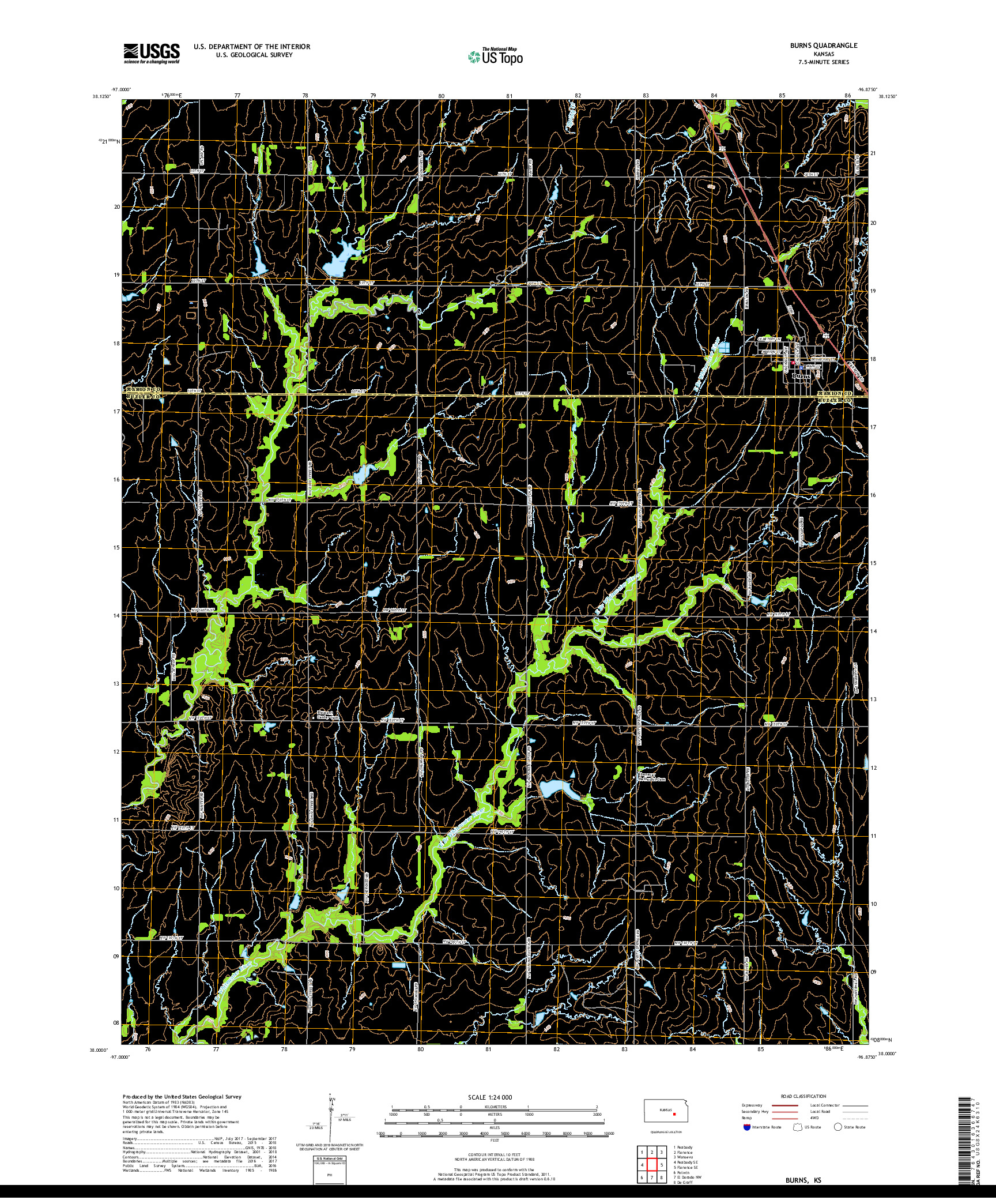 USGS US TOPO 7.5-MINUTE MAP FOR BURNS, KS 2018