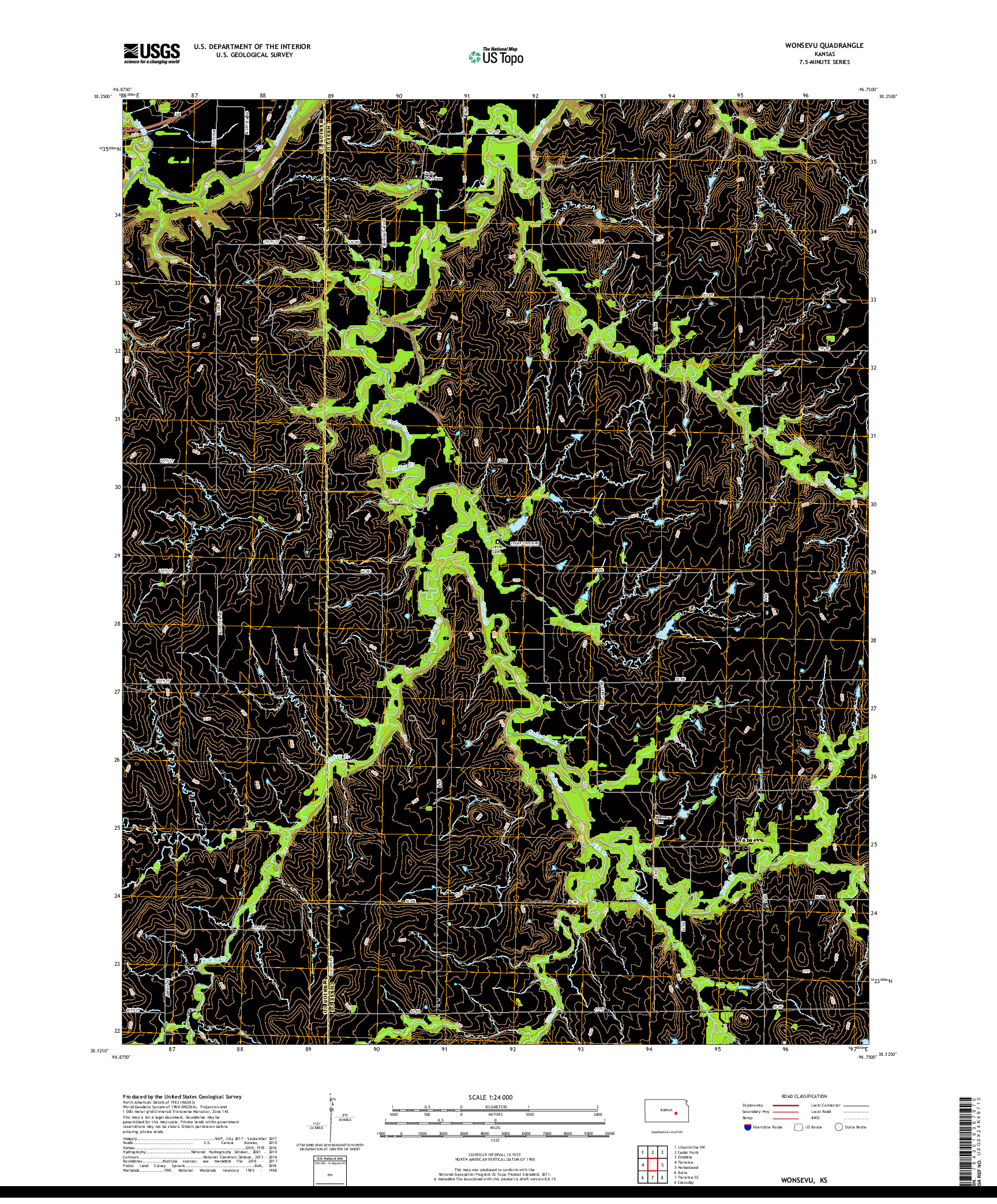 USGS US TOPO 7.5-MINUTE MAP FOR WONSEVU, KS 2018