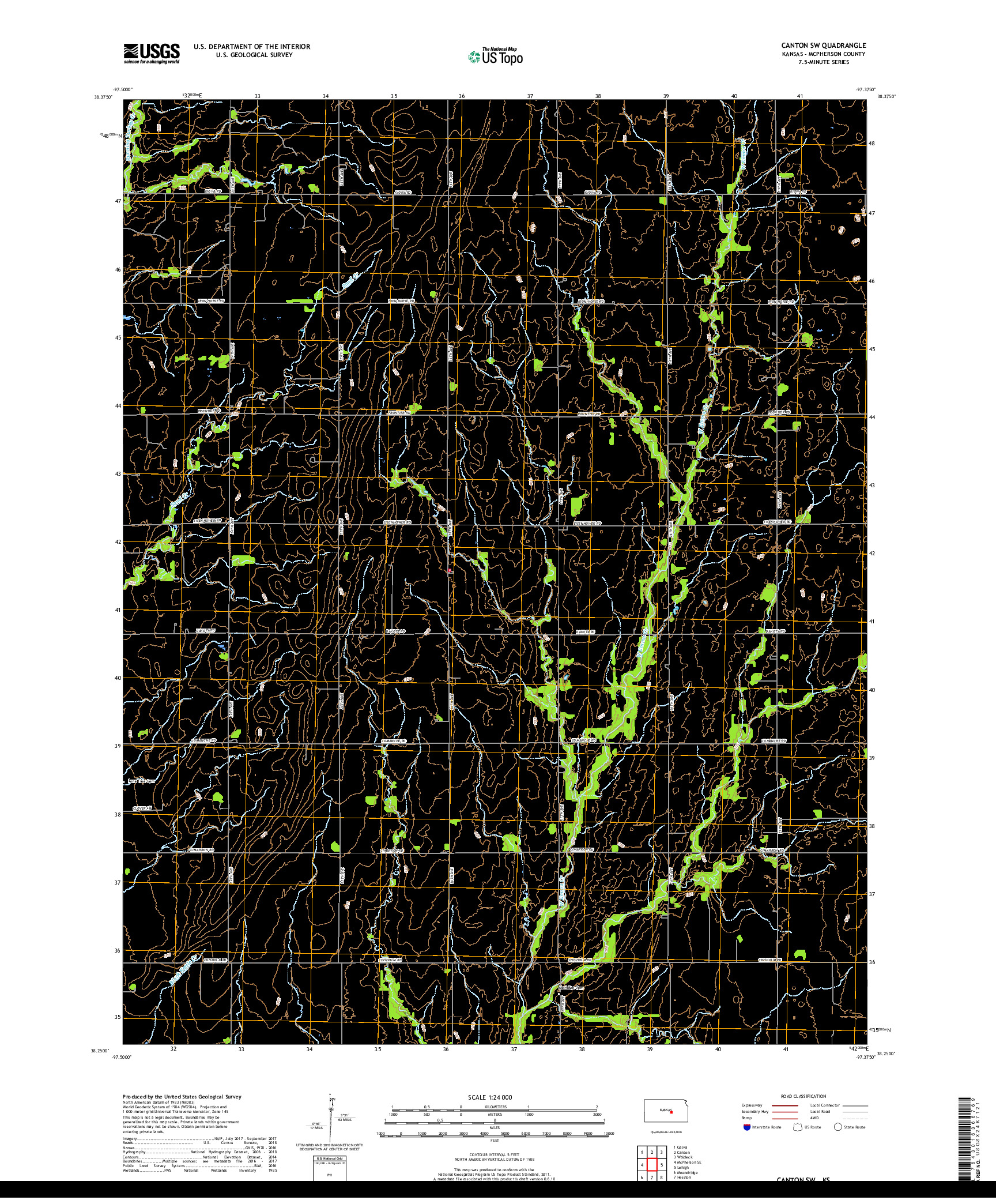 USGS US TOPO 7.5-MINUTE MAP FOR CANTON SW, KS 2018