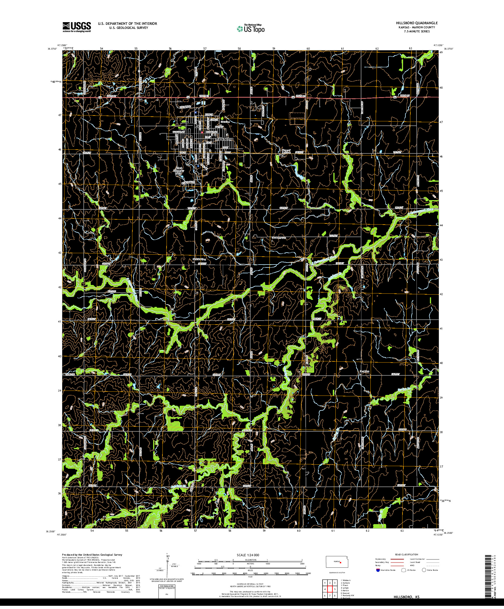 USGS US TOPO 7.5-MINUTE MAP FOR HILLSBORO, KS 2018