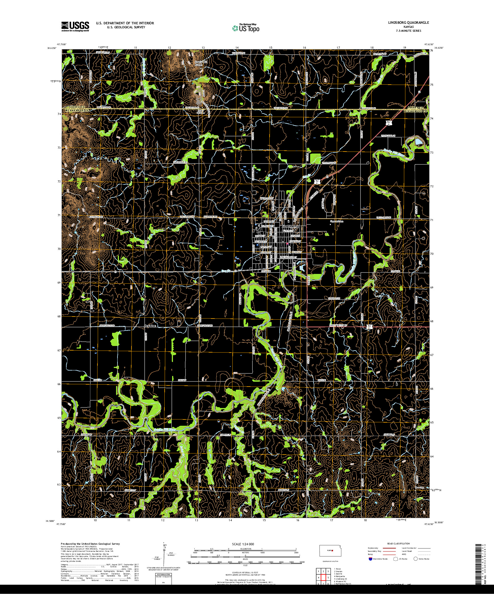 USGS US TOPO 7.5-MINUTE MAP FOR LINDSBORG, KS 2018