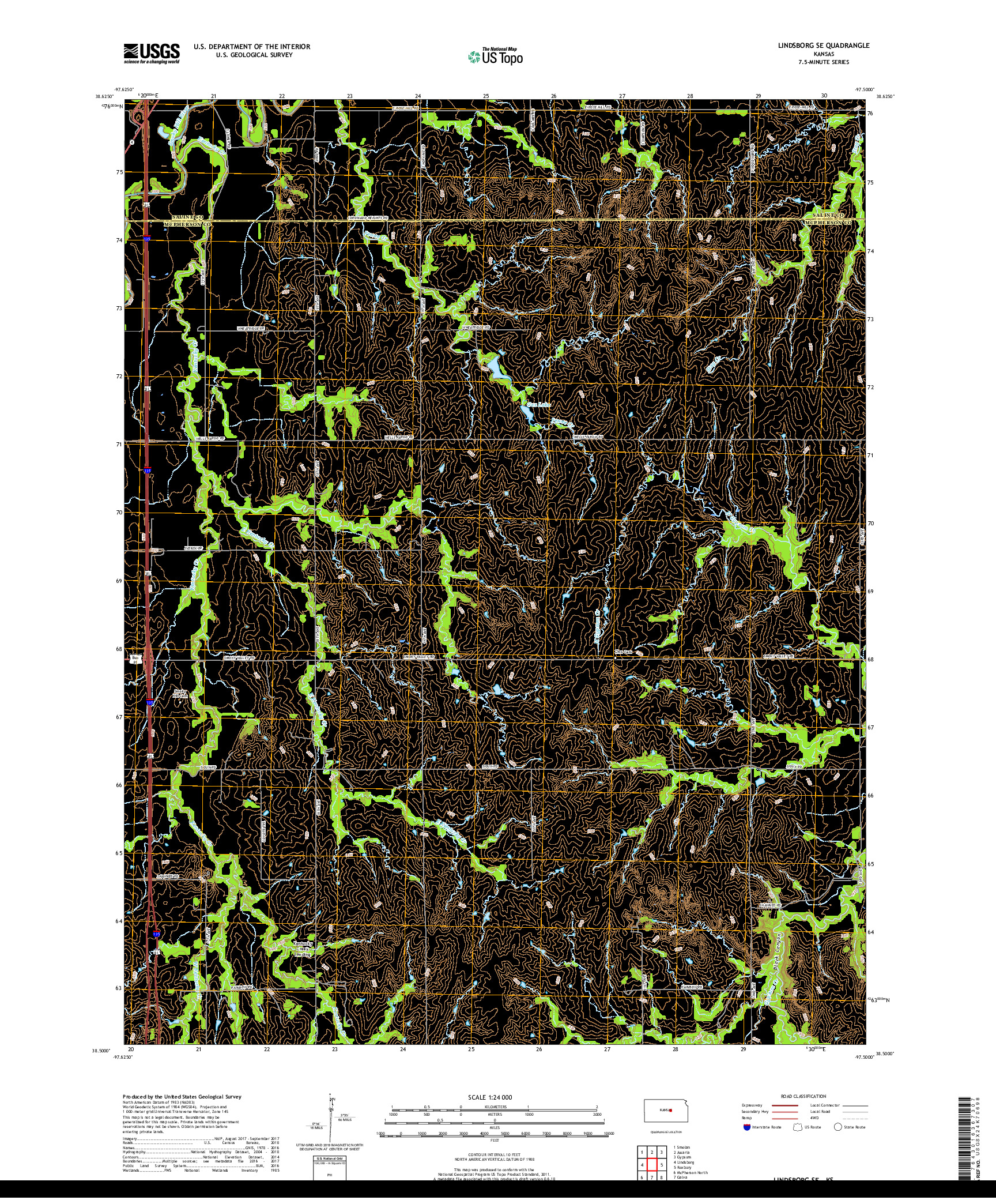 USGS US TOPO 7.5-MINUTE MAP FOR LINDSBORG SE, KS 2018