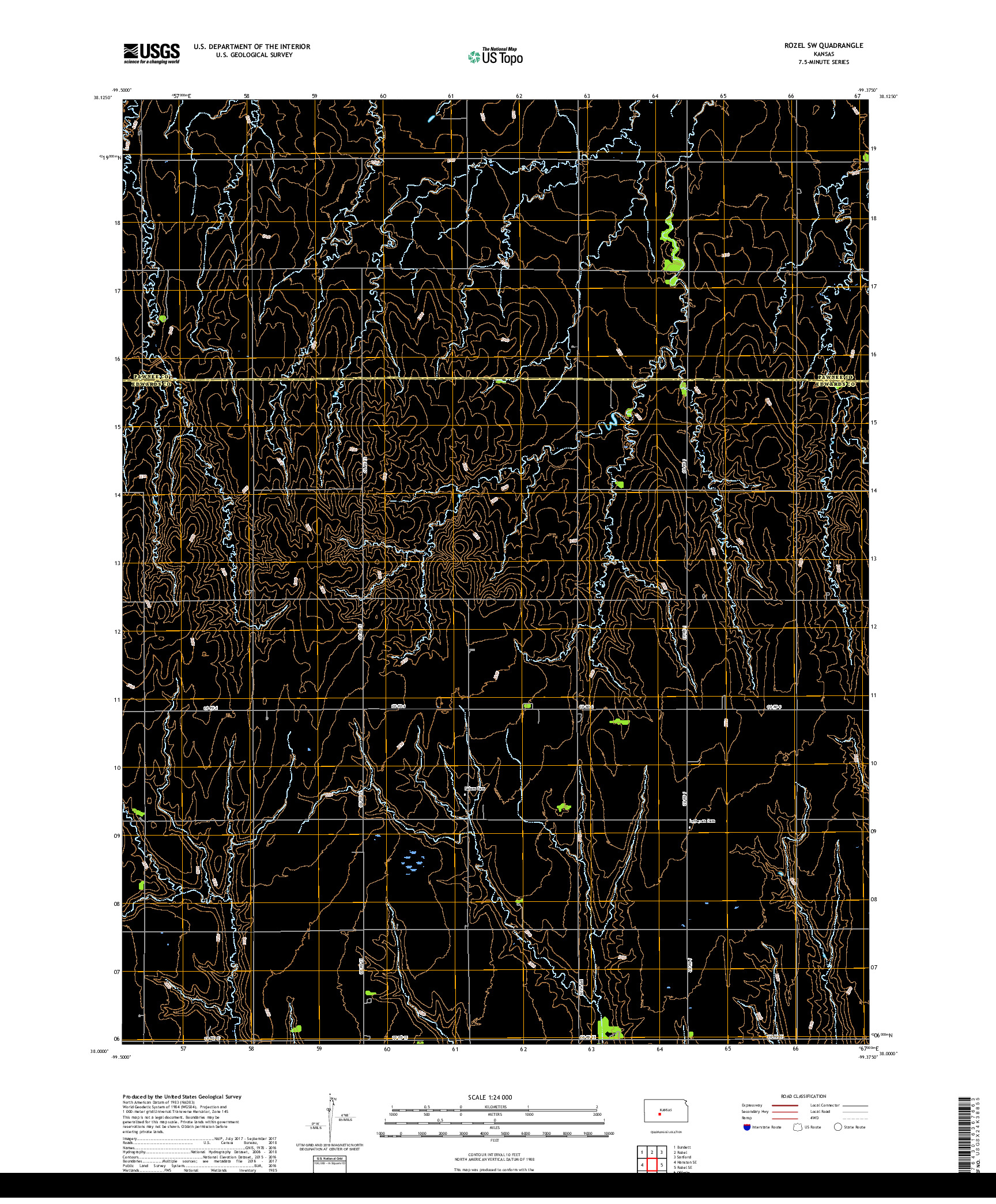 USGS US TOPO 7.5-MINUTE MAP FOR ROZEL SW, KS 2018