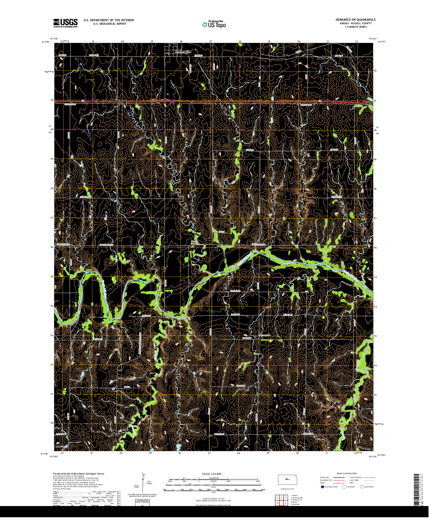 USGS US TOPO 7.5-MINUTE MAP FOR DORRANCE SW, KS 2018