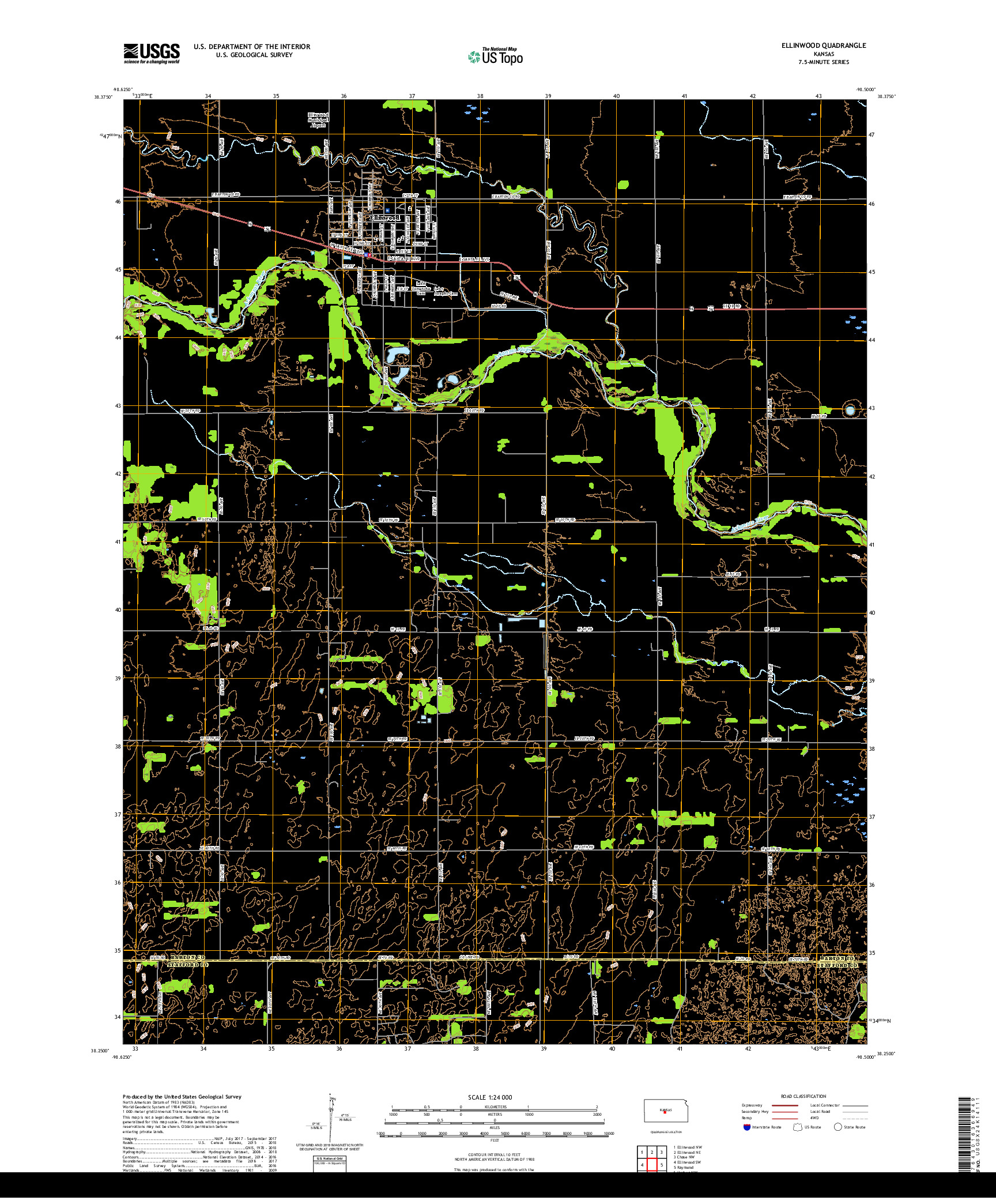 USGS US TOPO 7.5-MINUTE MAP FOR ELLINWOOD, KS 2018