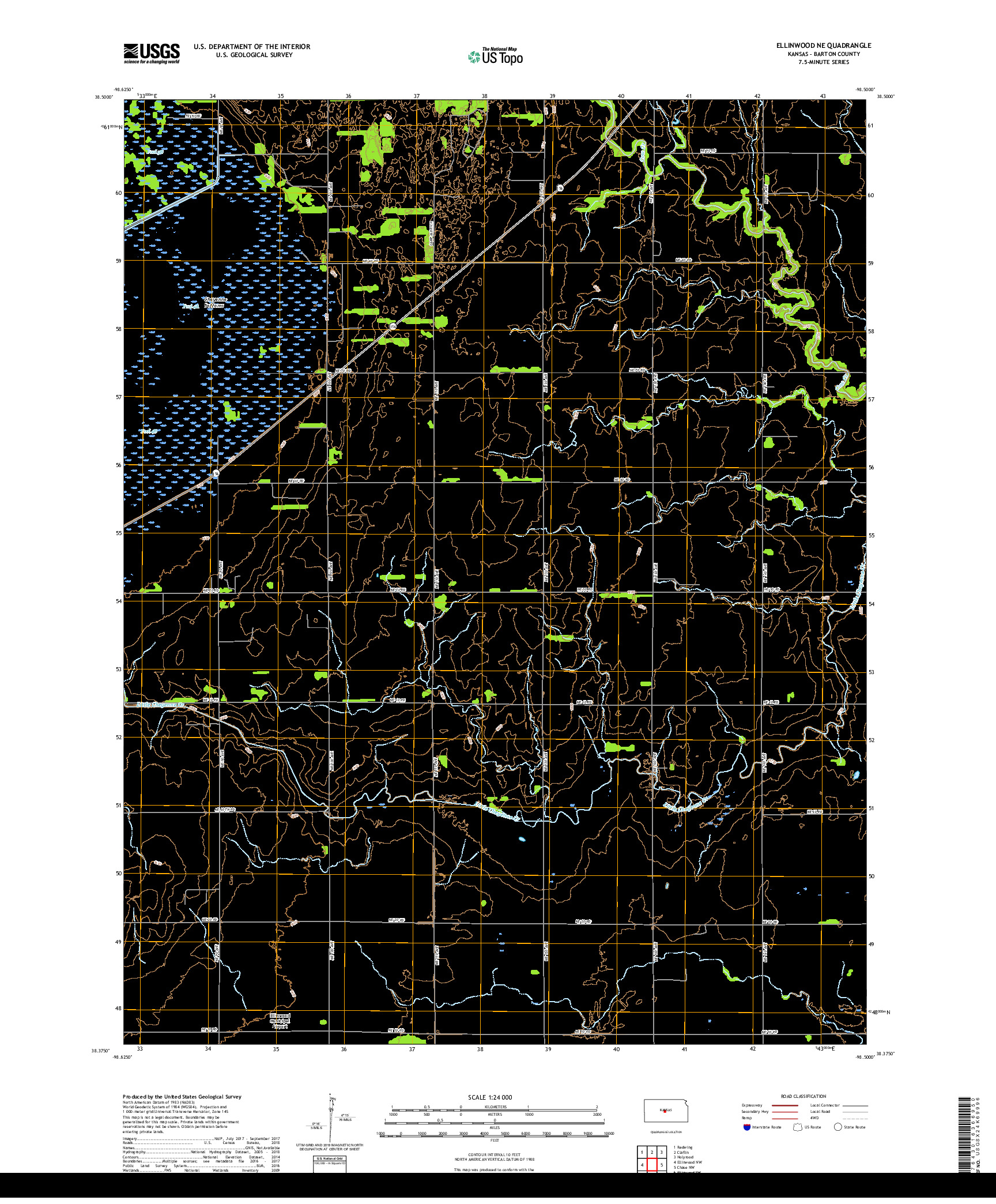 USGS US TOPO 7.5-MINUTE MAP FOR ELLINWOOD NE, KS 2018