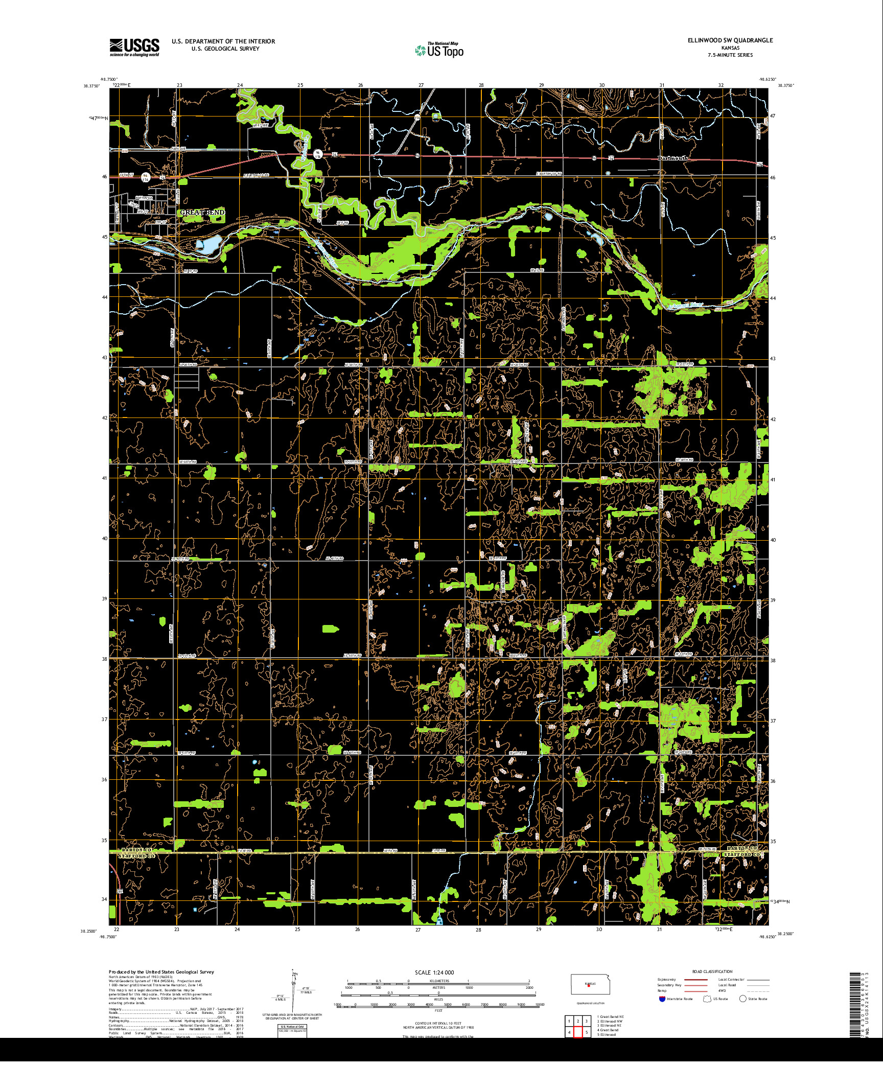 USGS US TOPO 7.5-MINUTE MAP FOR ELLINWOOD SW, KS 2018