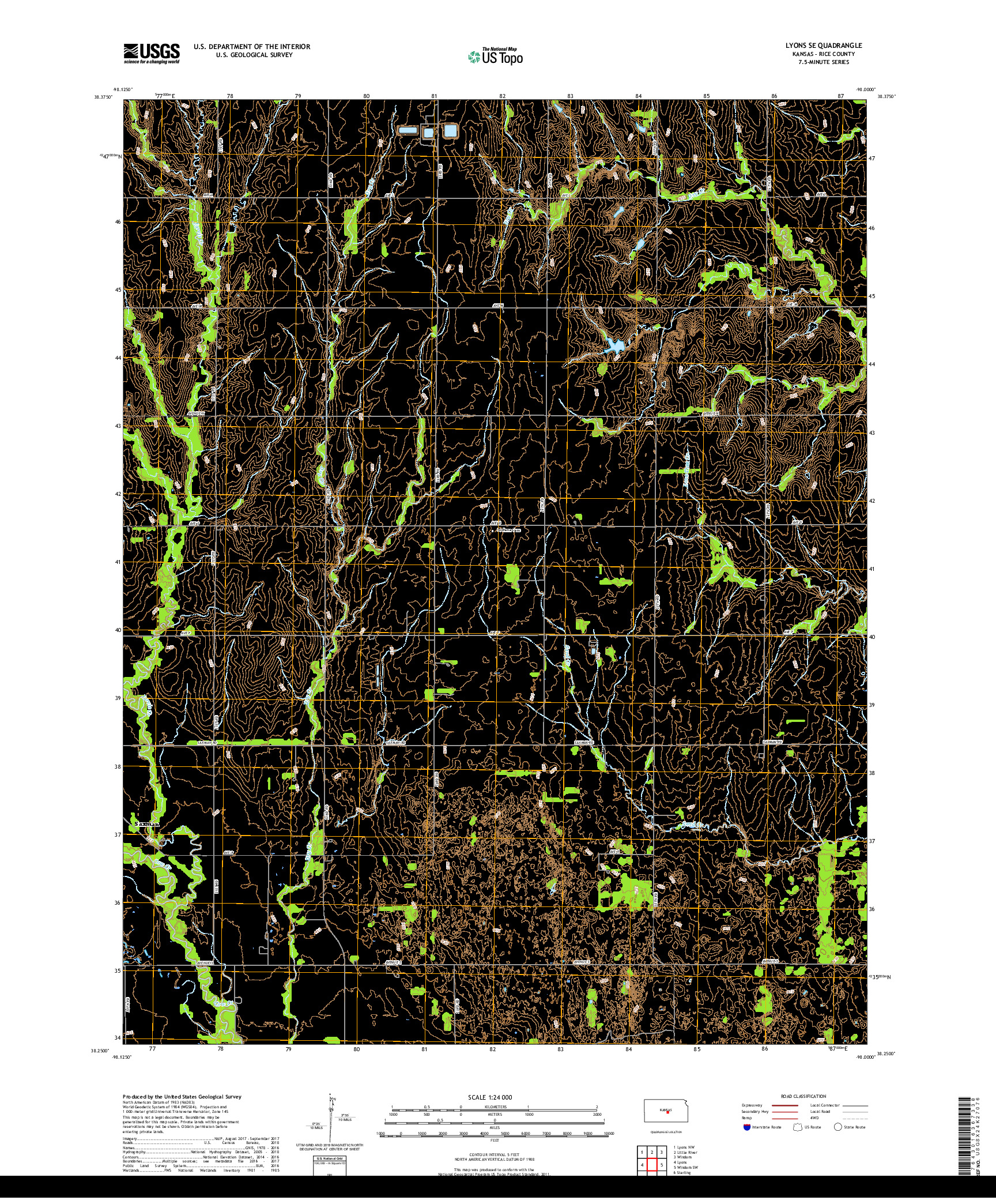 USGS US TOPO 7.5-MINUTE MAP FOR LYONS SE, KS 2018