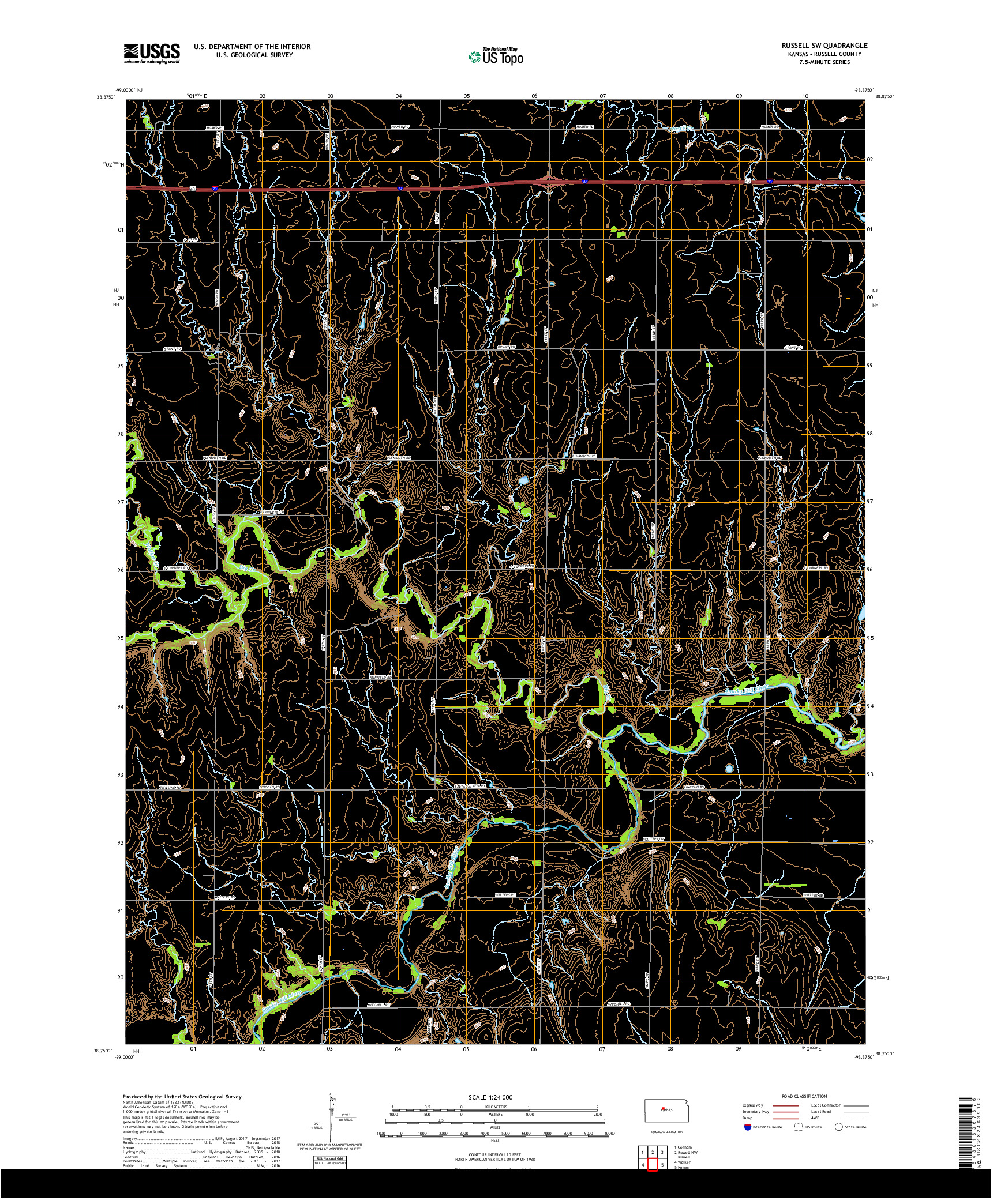 USGS US TOPO 7.5-MINUTE MAP FOR RUSSELL SW, KS 2018
