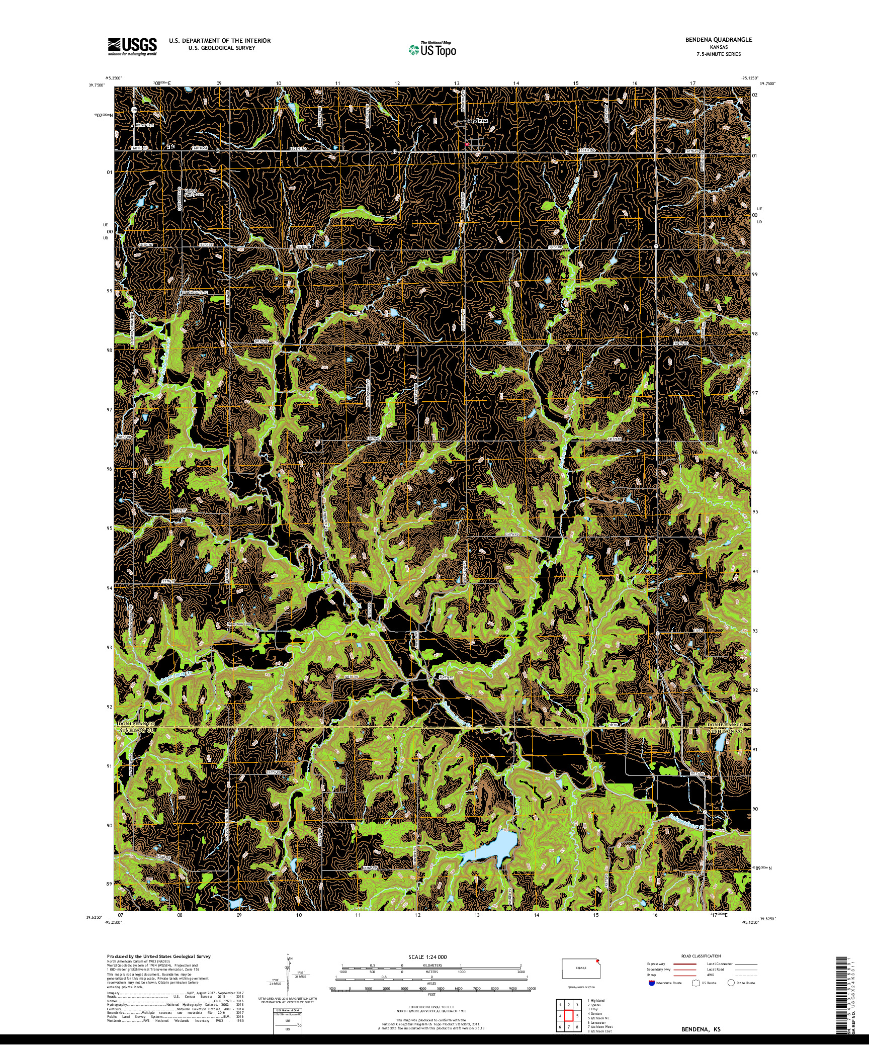 USGS US TOPO 7.5-MINUTE MAP FOR BENDENA, KS 2018