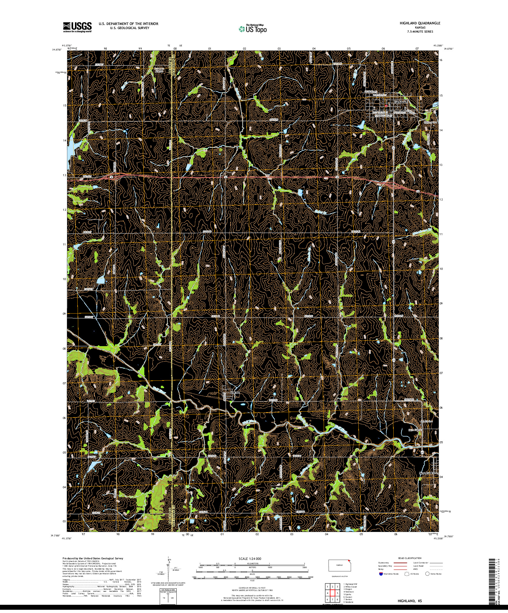 USGS US TOPO 7.5-MINUTE MAP FOR HIGHLAND, KS 2018