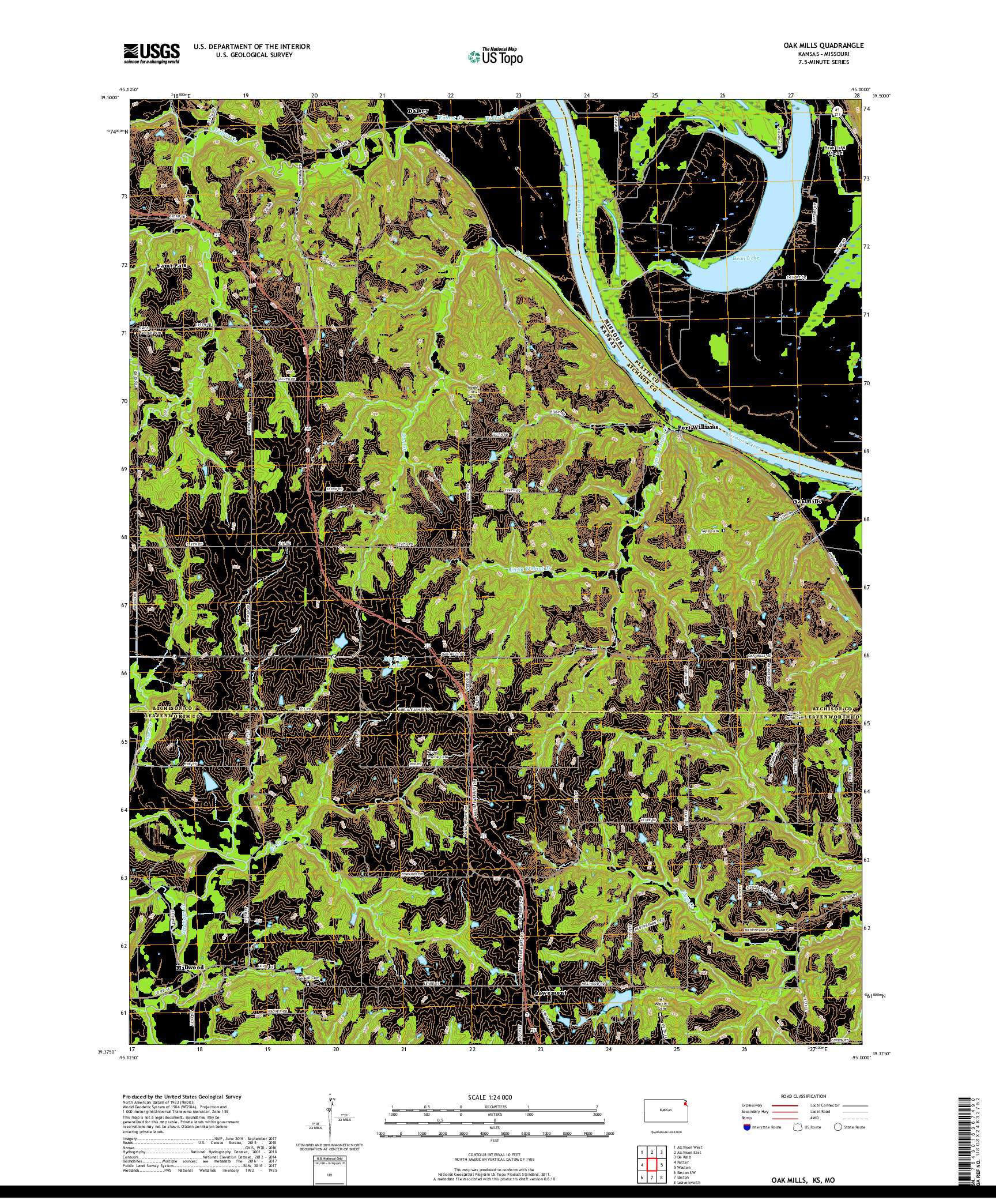 USGS US TOPO 7.5-MINUTE MAP FOR OAK MILLS, KS,MO 2018