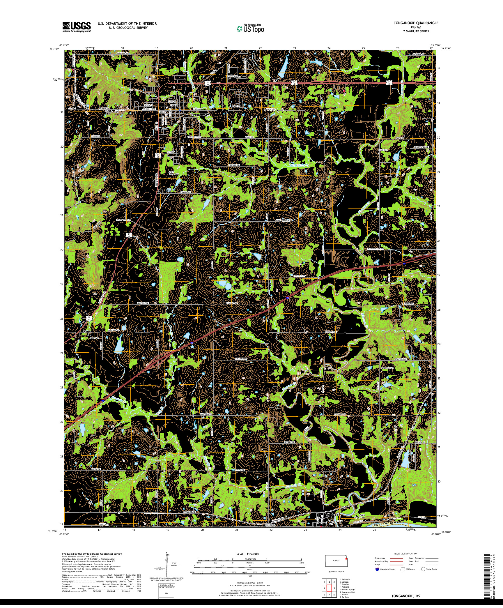 USGS US TOPO 7.5-MINUTE MAP FOR TONGANOXIE, KS 2018