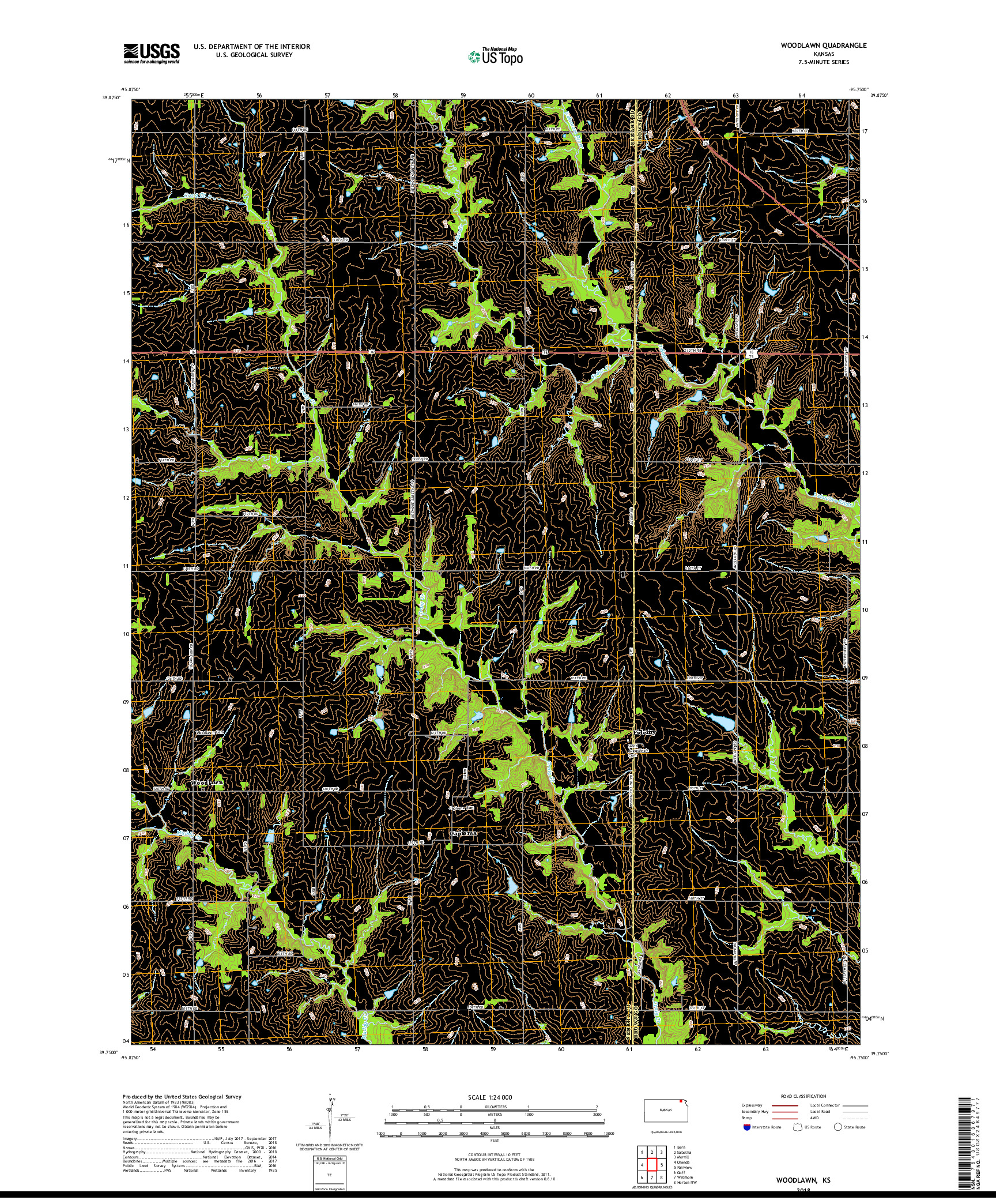 USGS US TOPO 7.5-MINUTE MAP FOR WOODLAWN, KS 2018