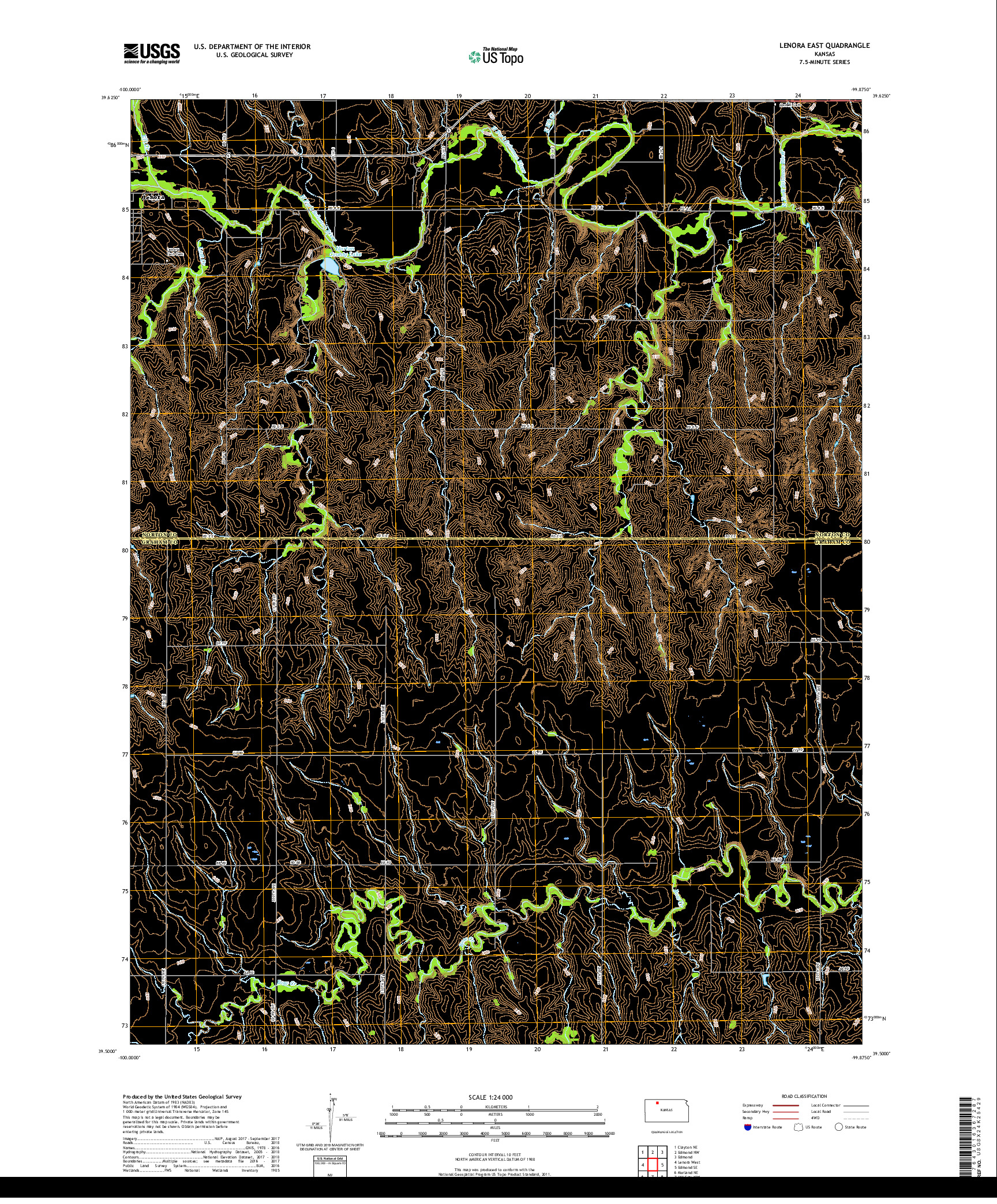 USGS US TOPO 7.5-MINUTE MAP FOR LENORA EAST, KS 2018