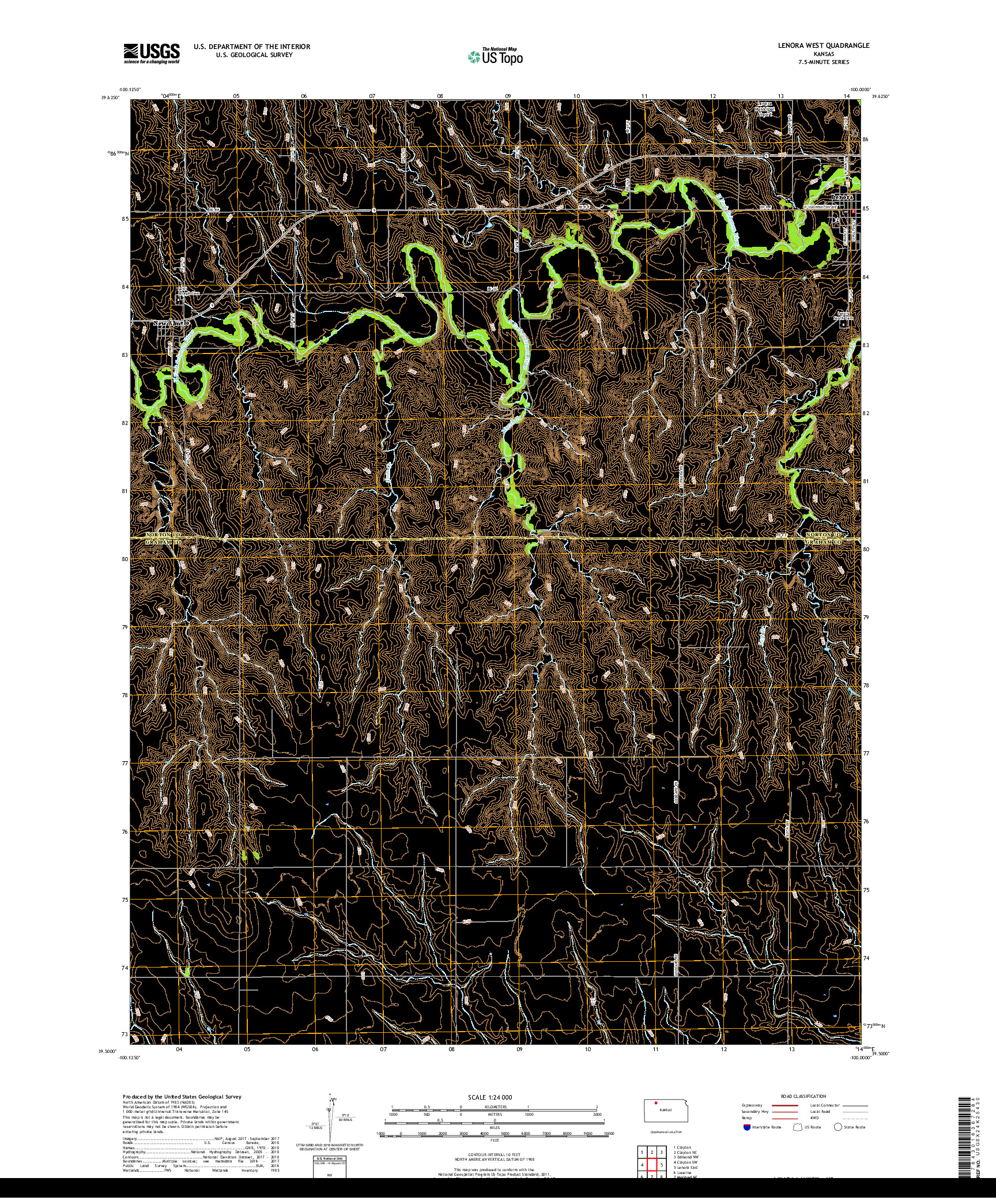 USGS US TOPO 7.5-MINUTE MAP FOR LENORA WEST, KS 2018